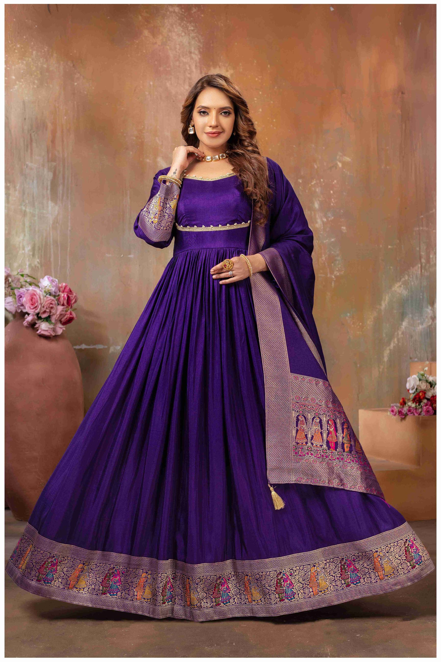 Purple Anarkali Gown with Gujarati Motif Embroidery