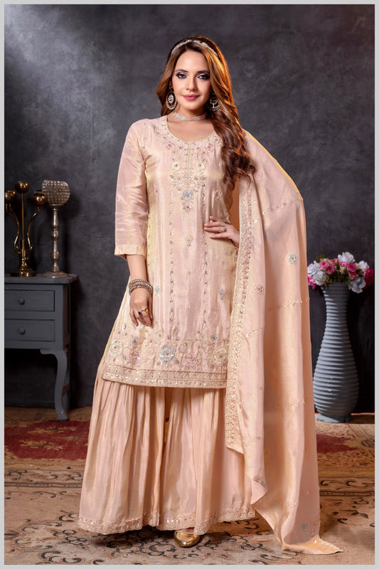 BabyPink Plazo Set with Pastel Floral & Mirror Embroidery