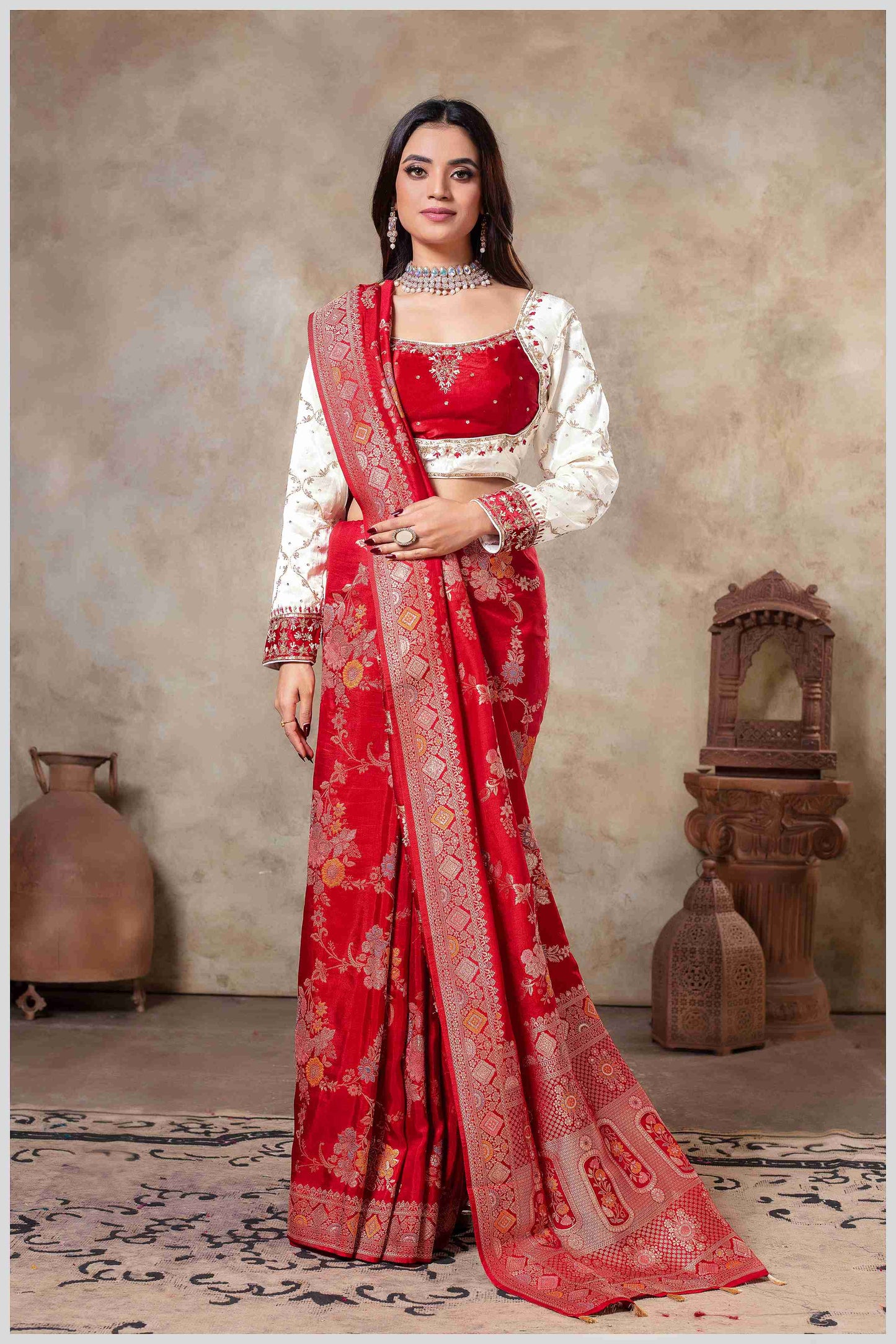 Red Banarasi Silk Saree with Multicolor Floral Weaves