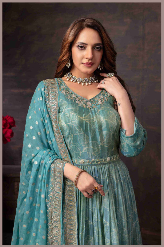 Dusty Blue Tissue Anarkali Gown with Chinon Dupatta
