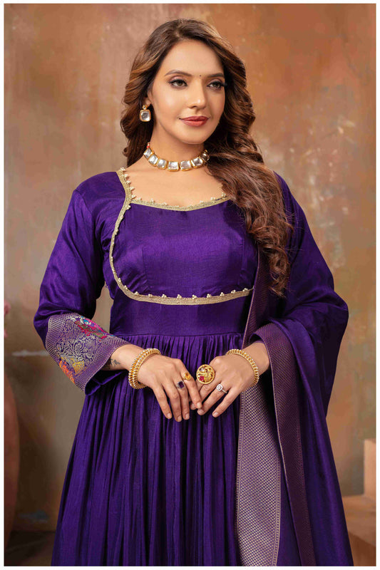 Purple Anarkali Gown with Gujarati Motif Embroidery