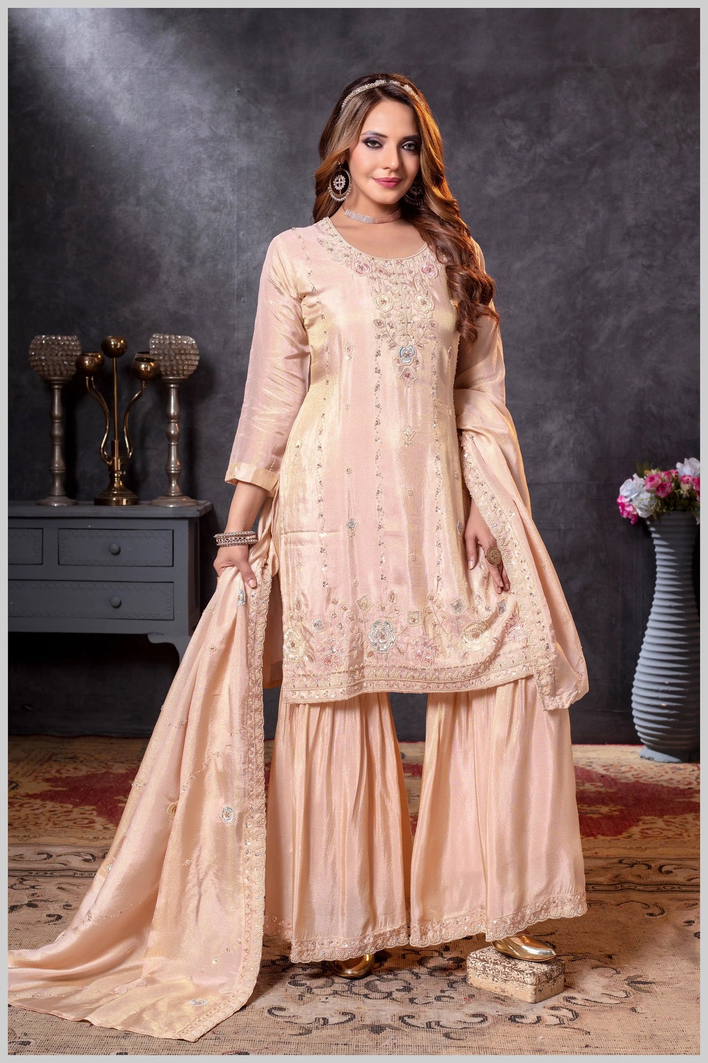 BabyPink Plazo Set with Pastel Floral & Mirror Embroidery