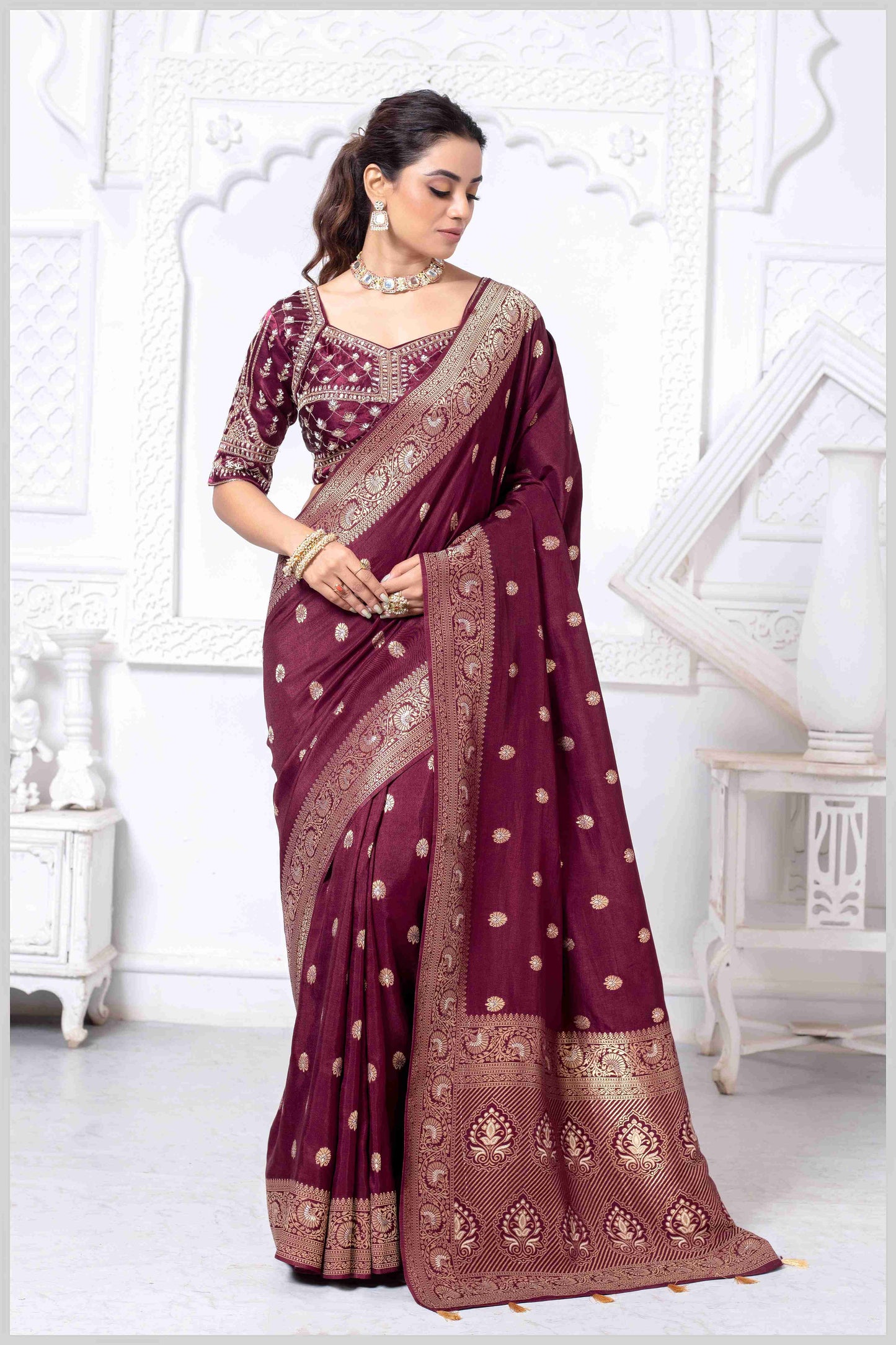Charming Maroon Banarasi Silk Saree with Embroidered Designer Blouse.