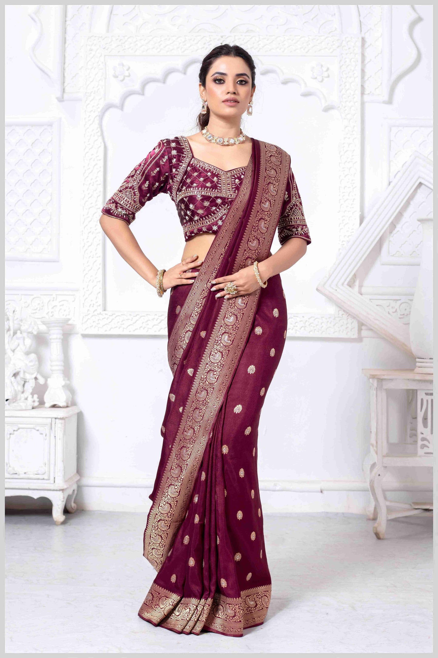 Charming Maroon Banarasi Silk Saree with Embroidered Designer Blouse.