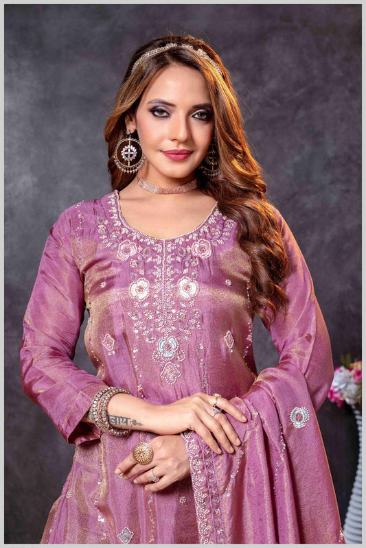 Mauve Plazo Set with Pastel Floral & Mirror Embroidery