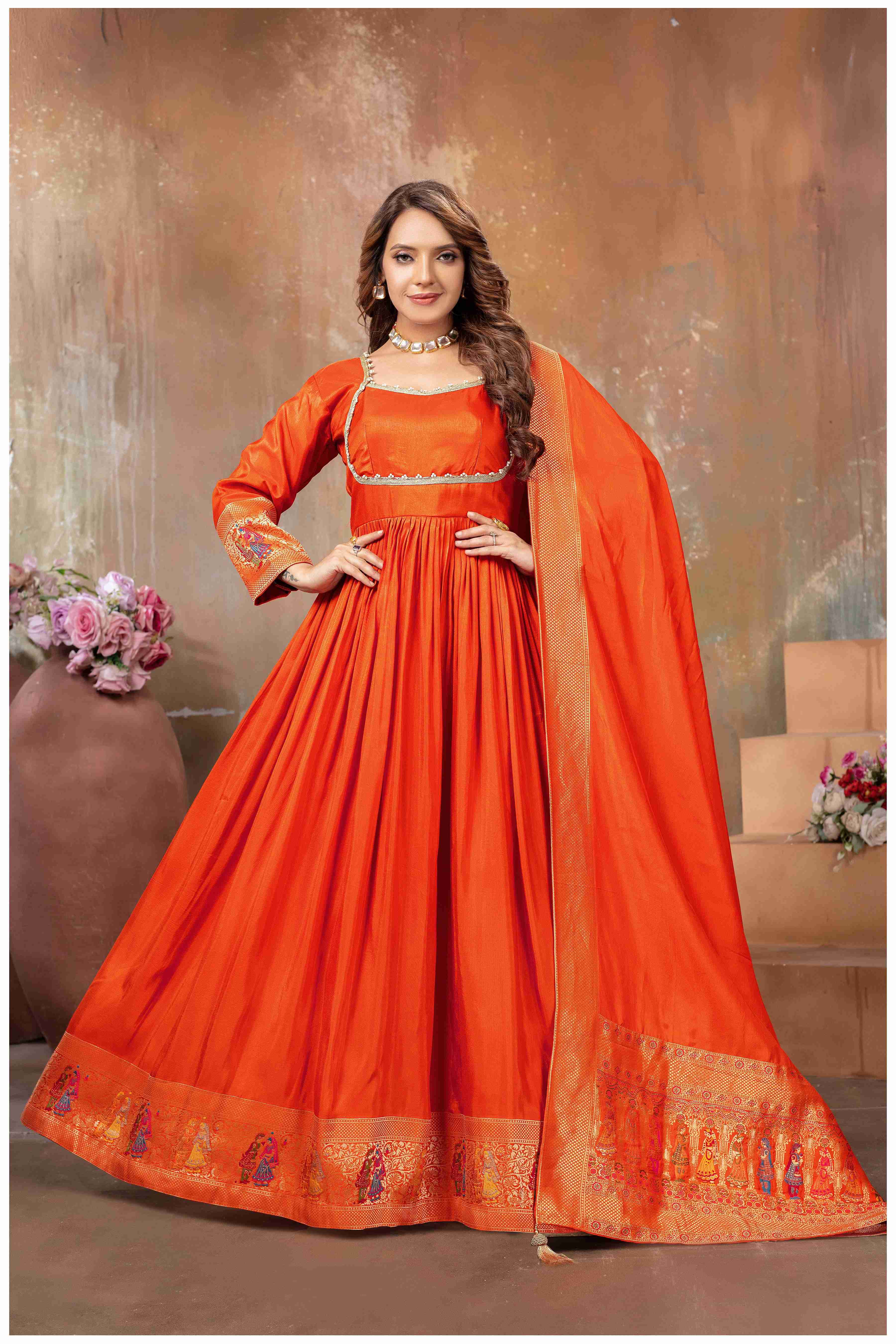 Rust Silk Anarkali Gown with Gujarati Motif Embroidery