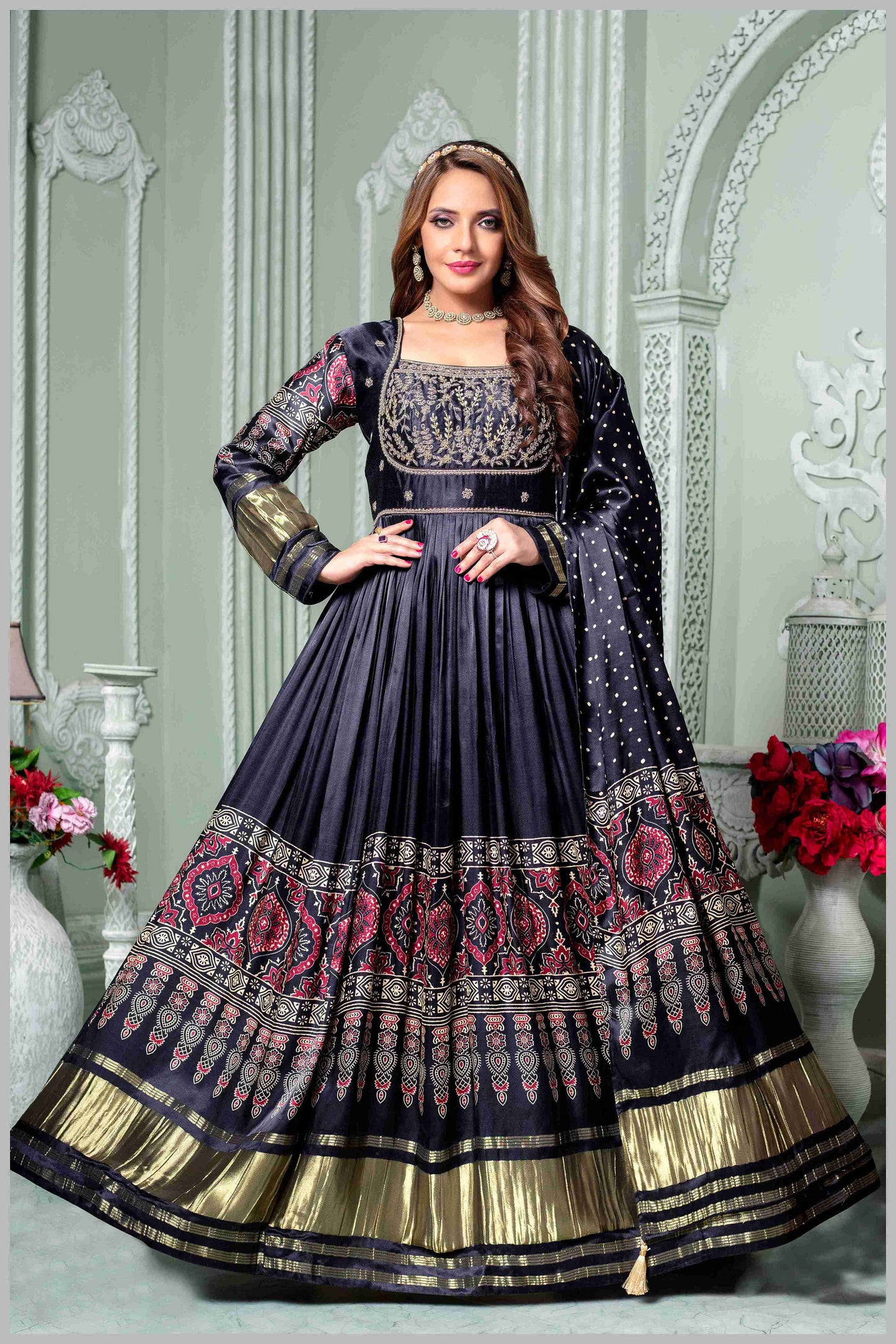 Majestic Black Anarkali Gown with Traditional Detailing