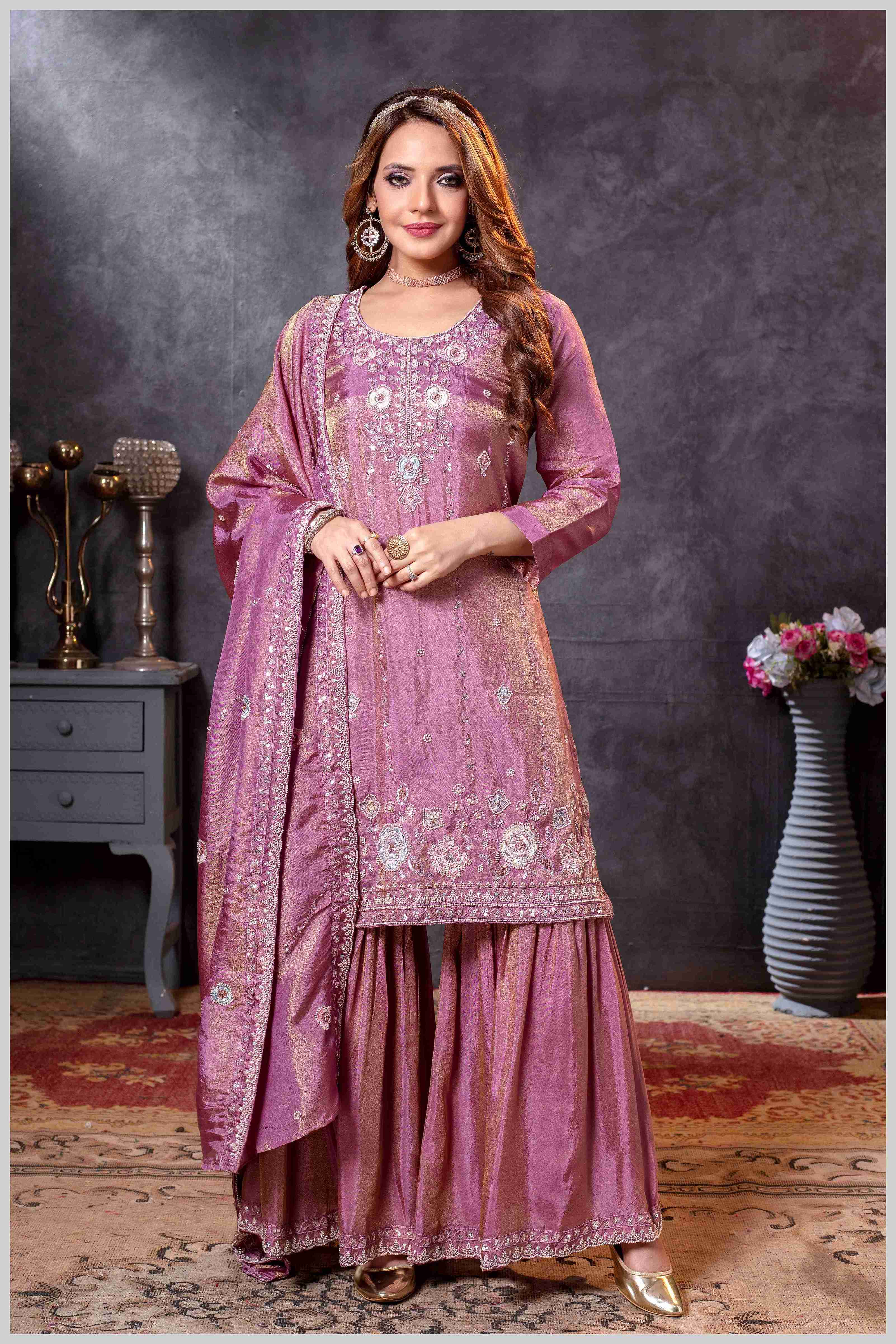 Mauve Plazo Set with Pastel Floral & Mirror Embroidery