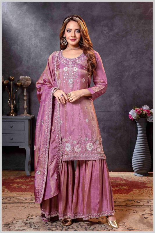 Mauve Plazo Set with Pastel Floral & Mirror Embroidery