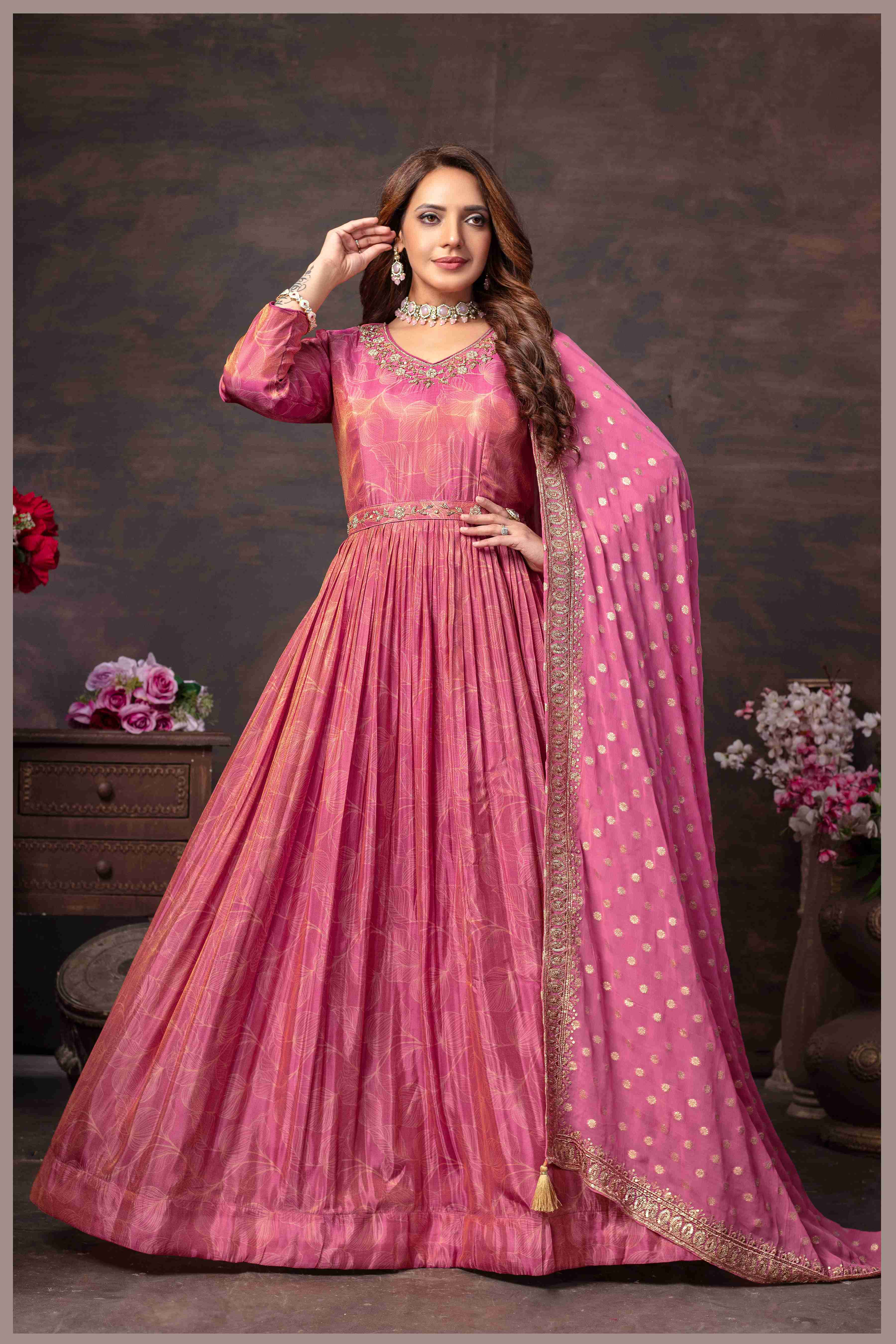 Rose Pink Tissue Anarkali Gown with Chinon Dupatta