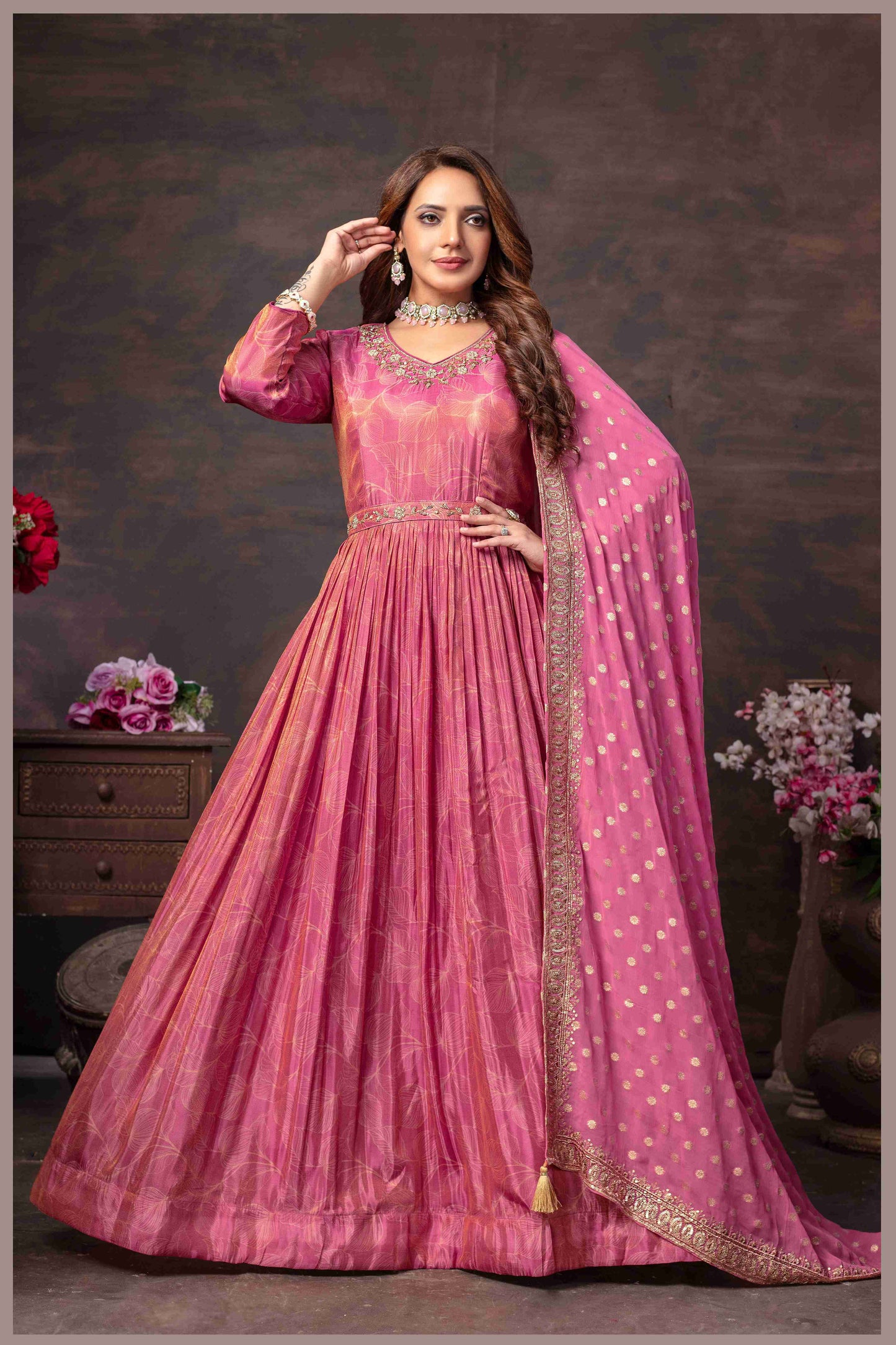 Rose Pink Tissue Anarkali Gown with Chinon Dupatta