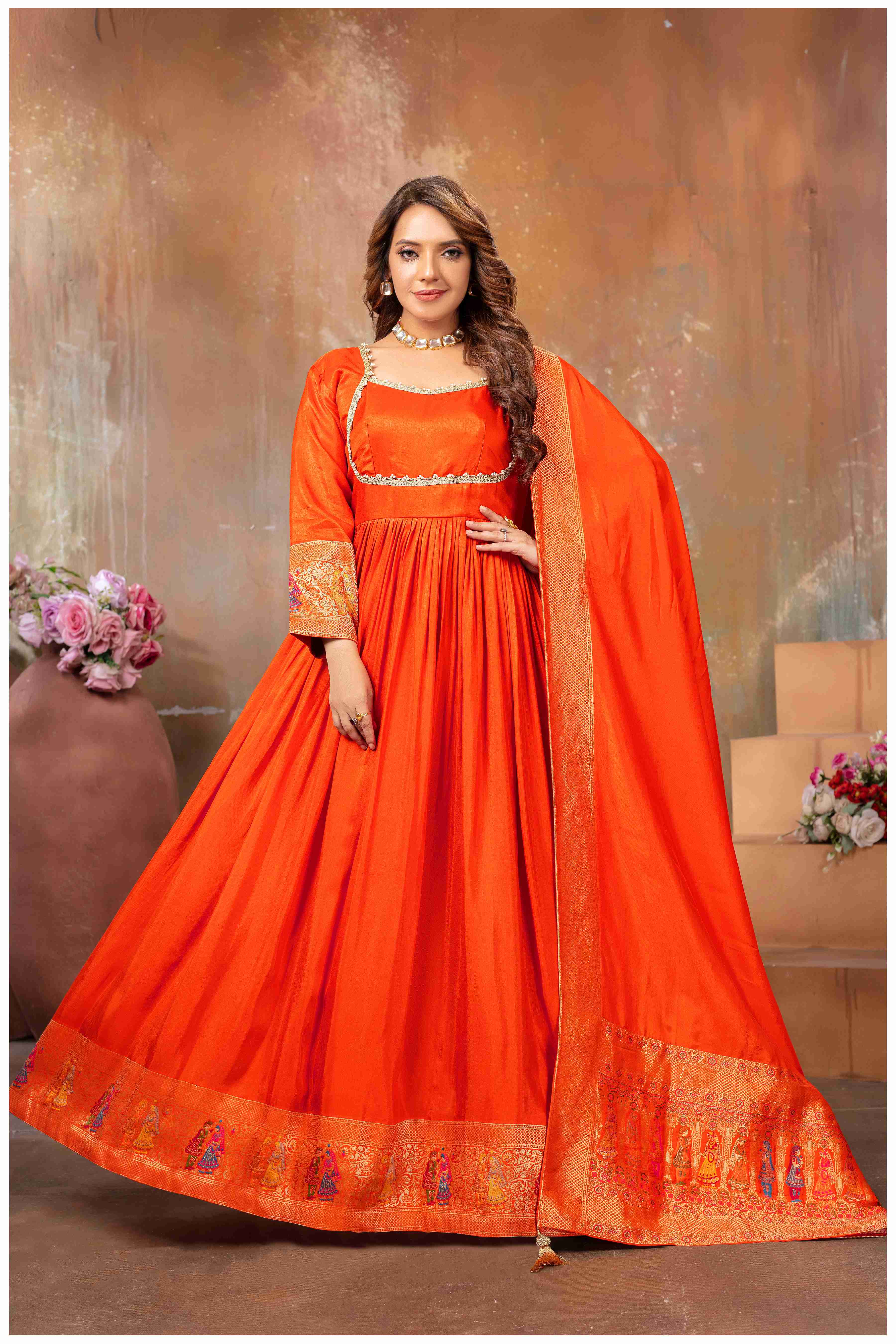 Rust Silk Anarkali Gown with Gujarati Motif Embroidery