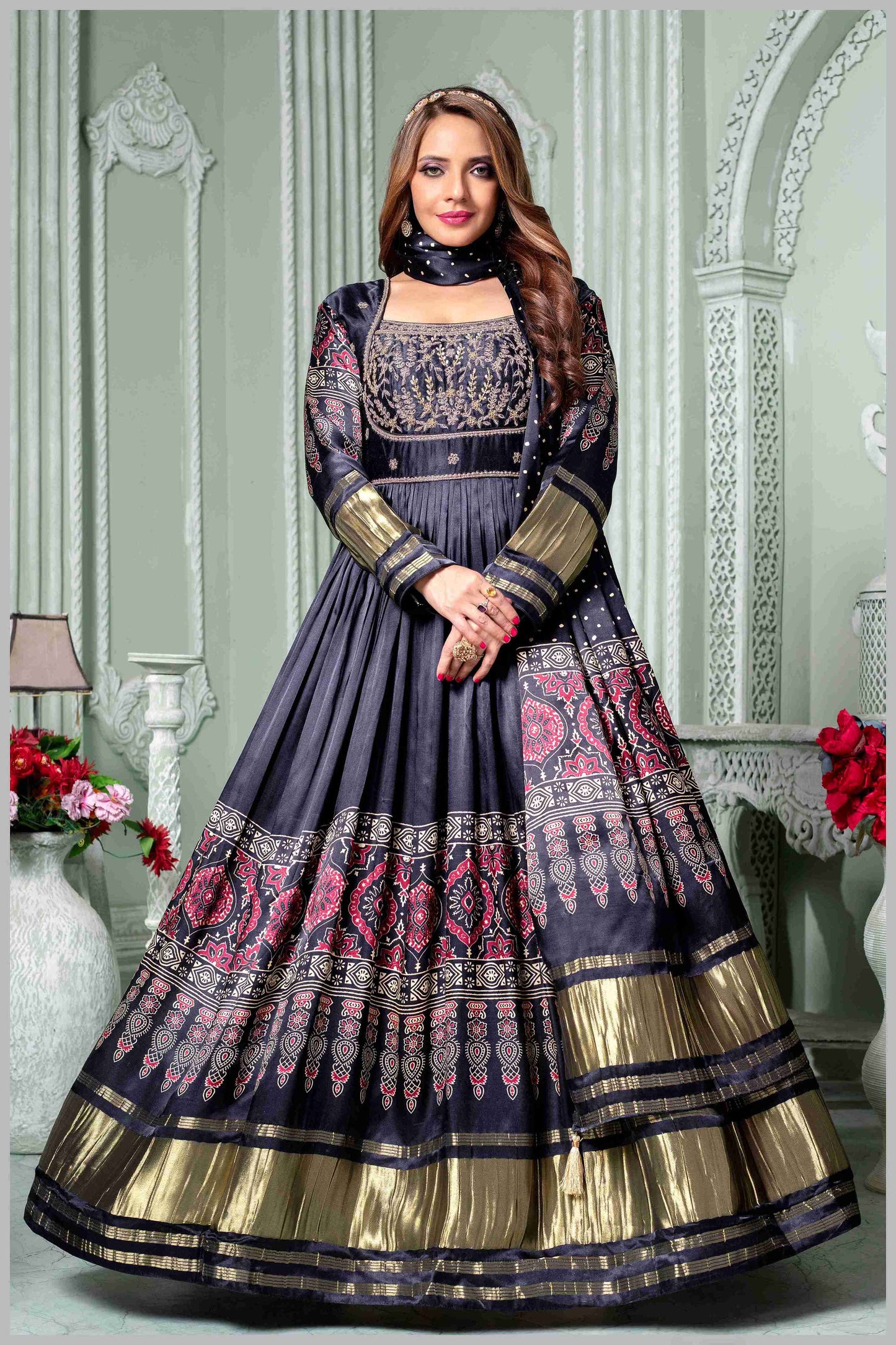 Majestic Black Anarkali Gown with Traditional Detailing