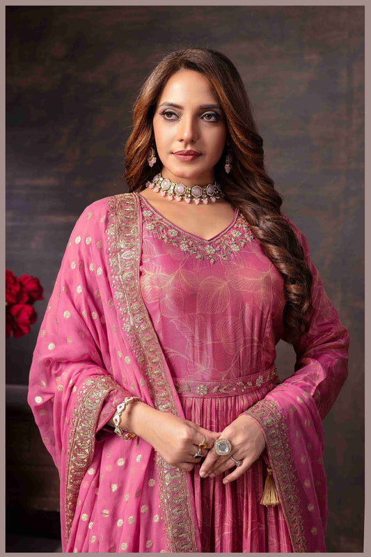Rose Pink Tissue Anarkali Gown with Chinon Dupatta