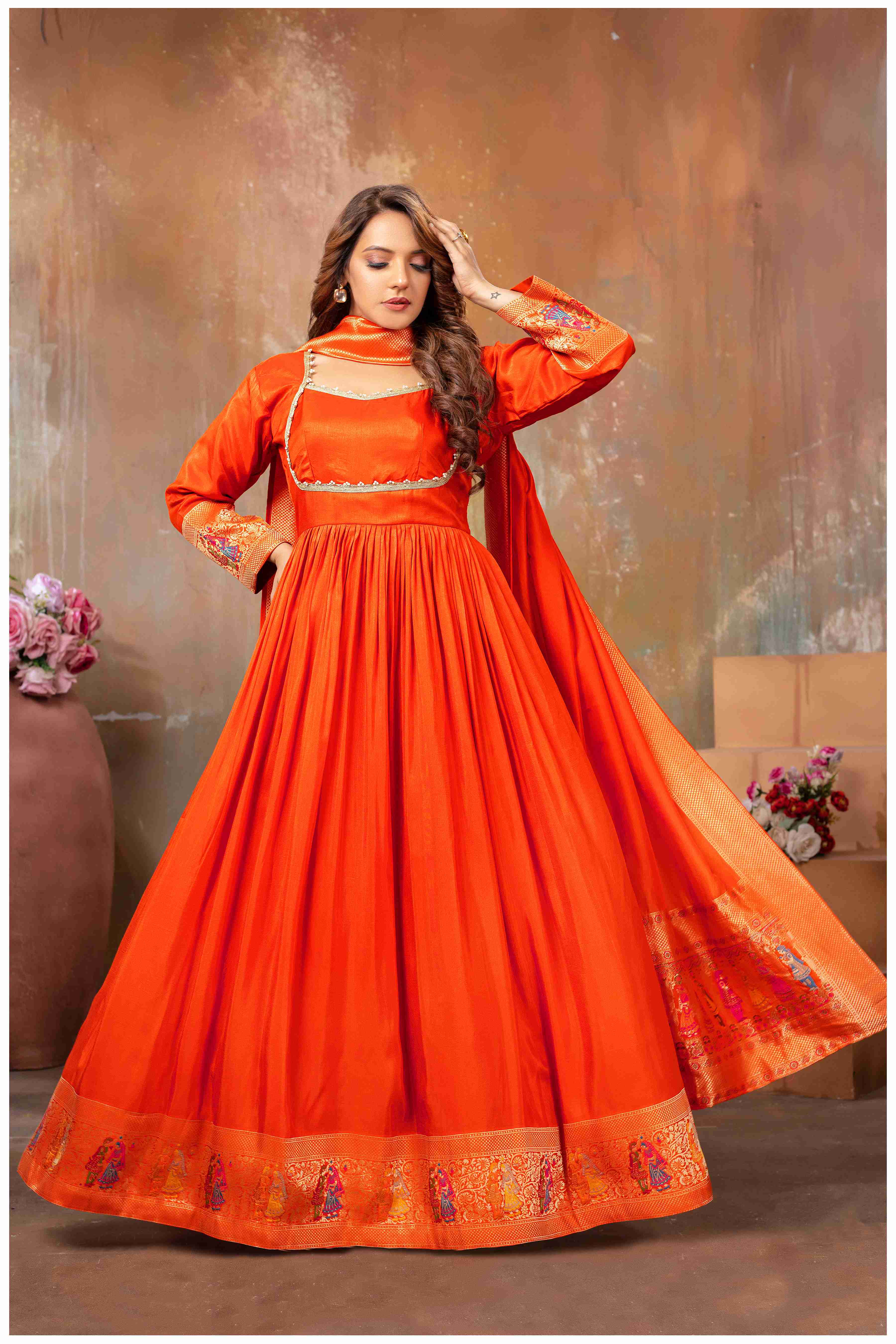 Rust Silk Anarkali Gown with Gujarati Motif Embroidery