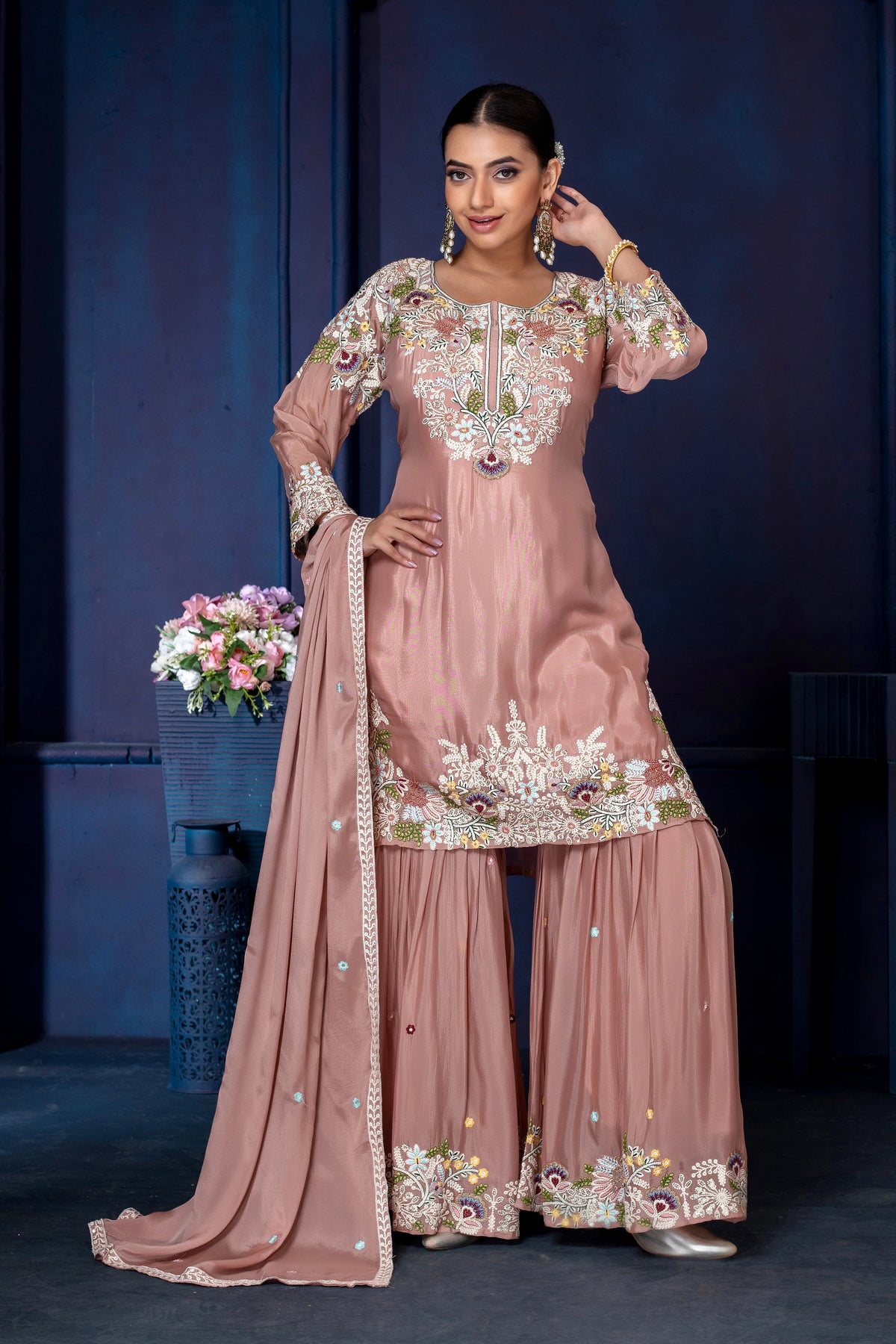 Chinon Embroidered Kurta Palazzo Set with Dupatta