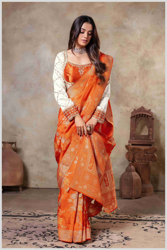 Rust Banarasi Silk Saree with Multicolor Floral Weaves