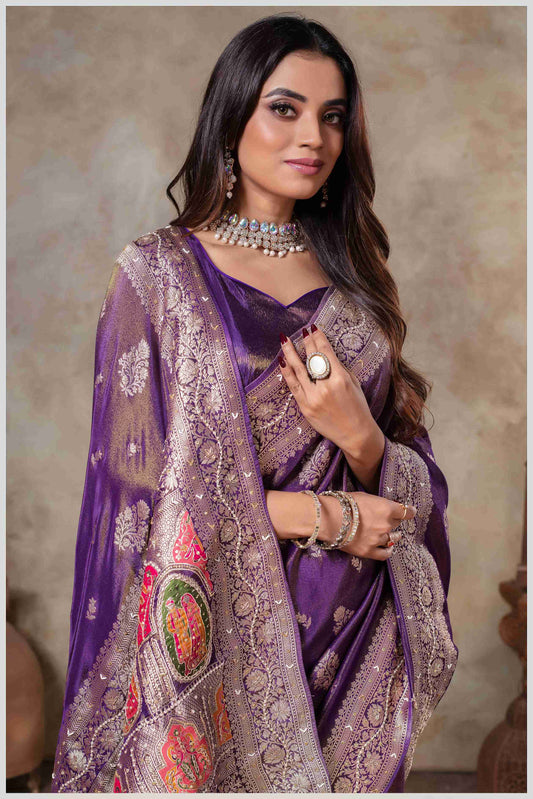 Purple Tissue Saree with Hand Embroidered Border