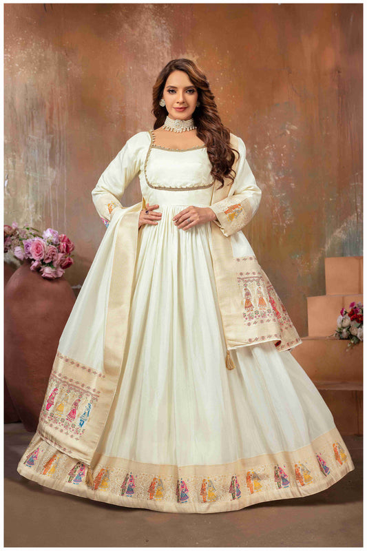 Off-white Anarkali Gown with Gujarati Motif Embroidery