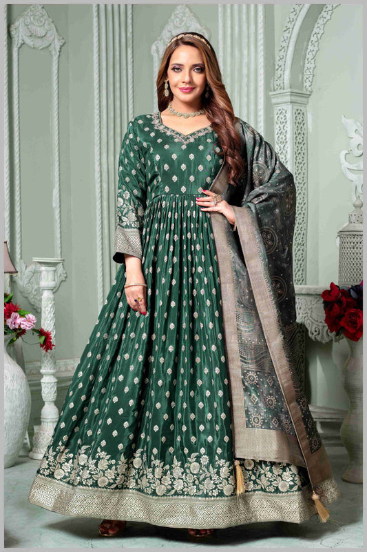 Emerald Green Anarkali with Antique Gold Brocade Dupatta