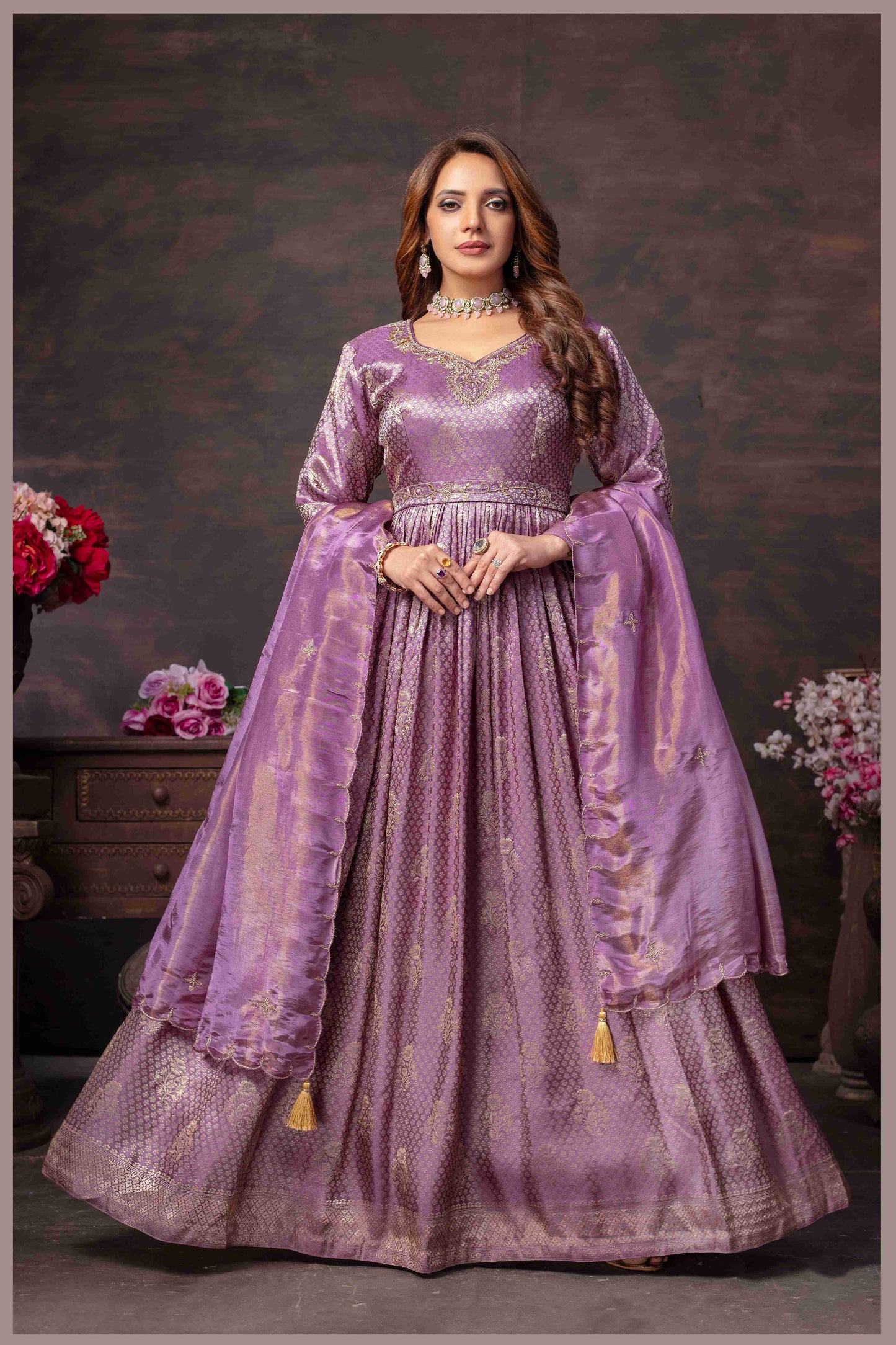 Mauve Tissue Anarkali Gown