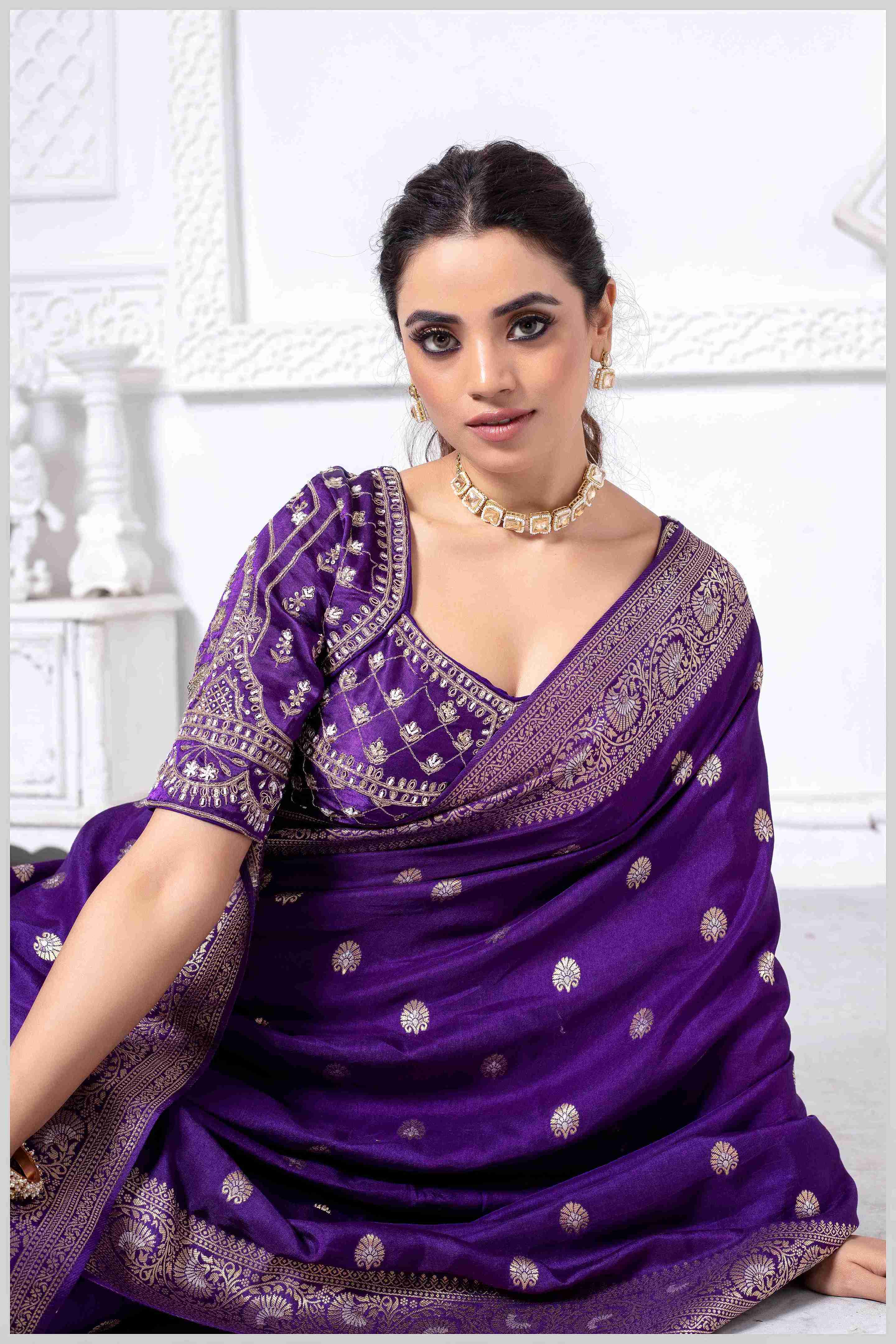 Charming Purple Banarasi Silk Saree with Embroidered Designer Blouse.