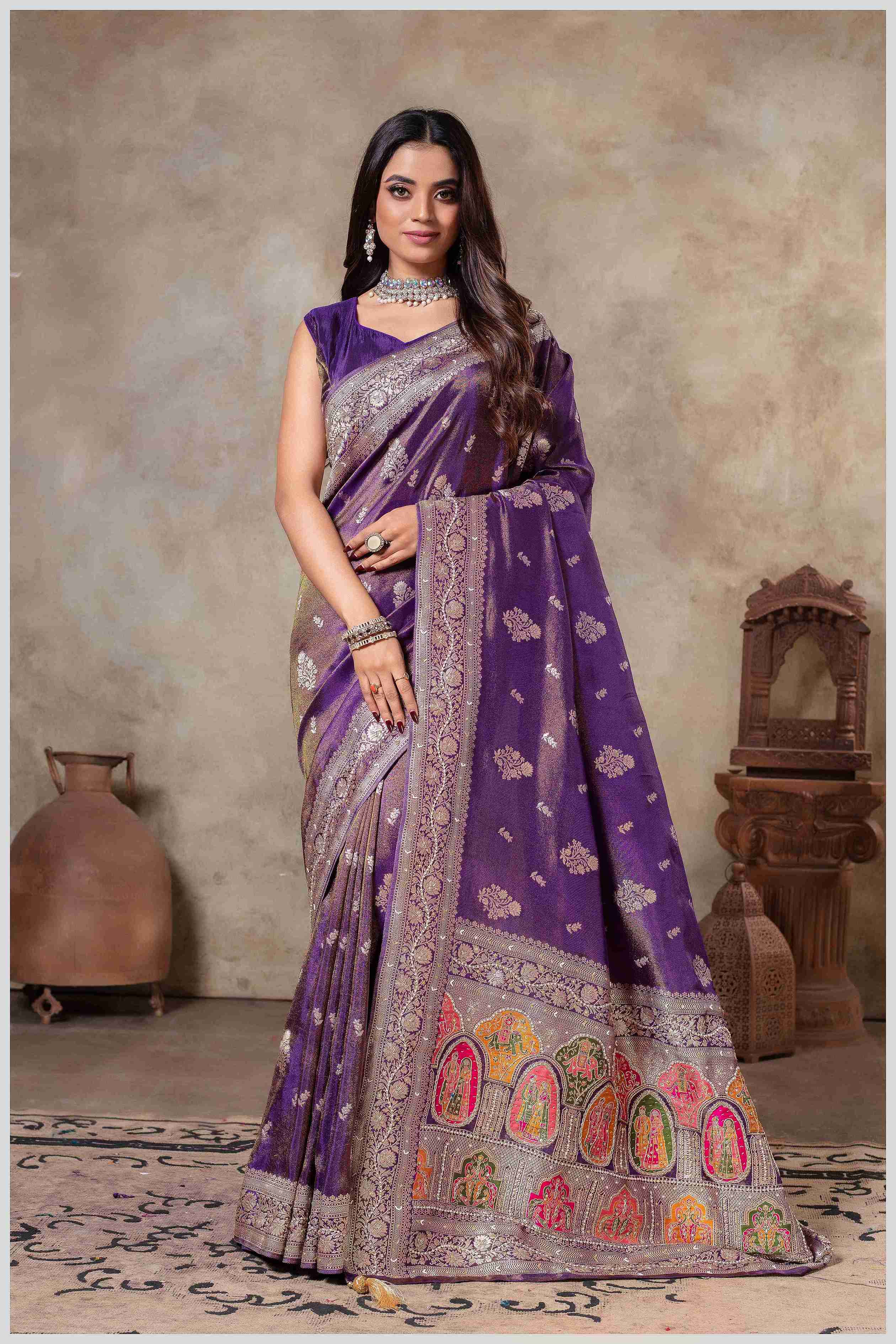 Purple Tissue Saree with Hand Embroidered Border