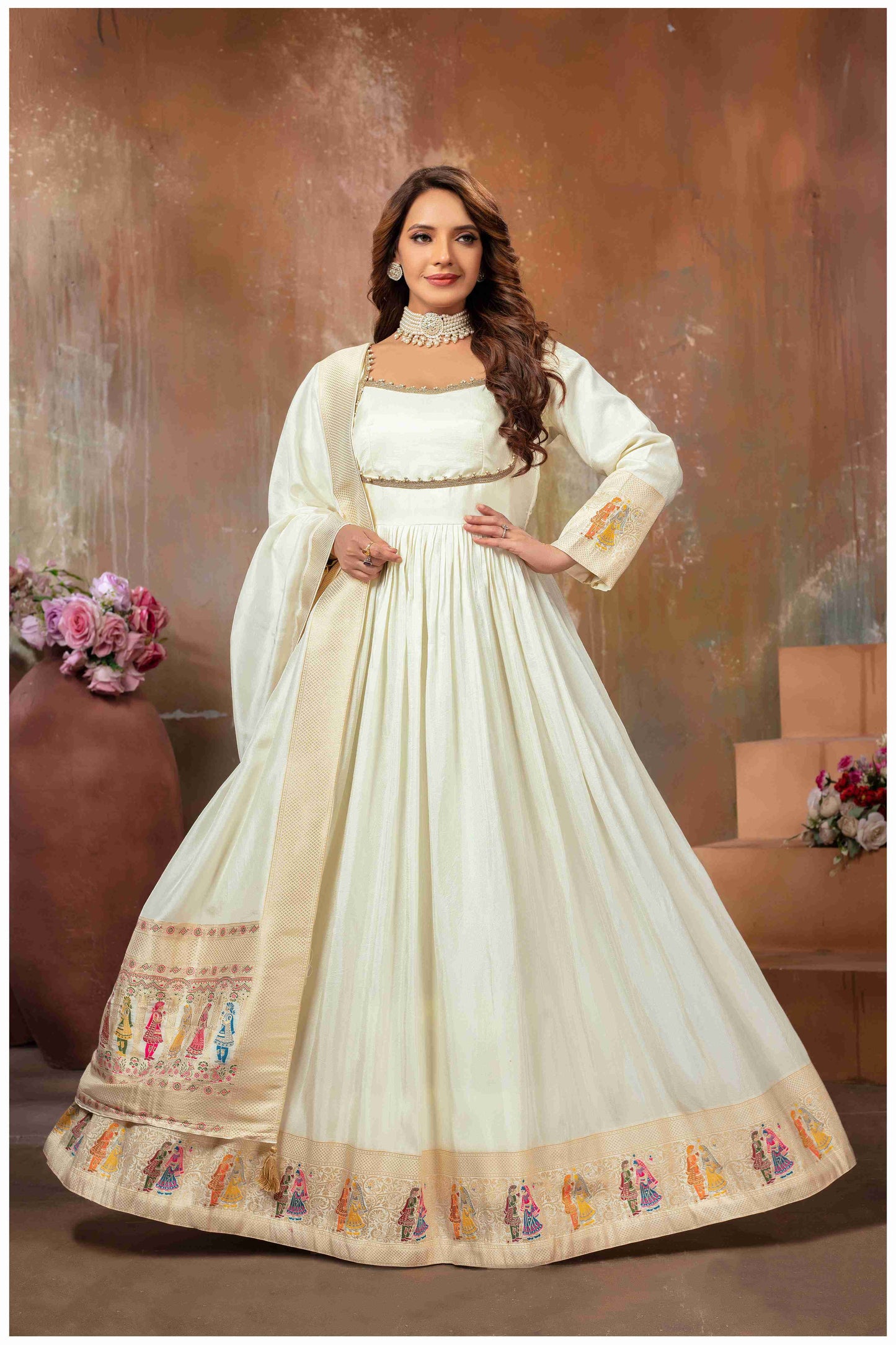 Off-white Anarkali Gown with Gujarati Motif Embroidery