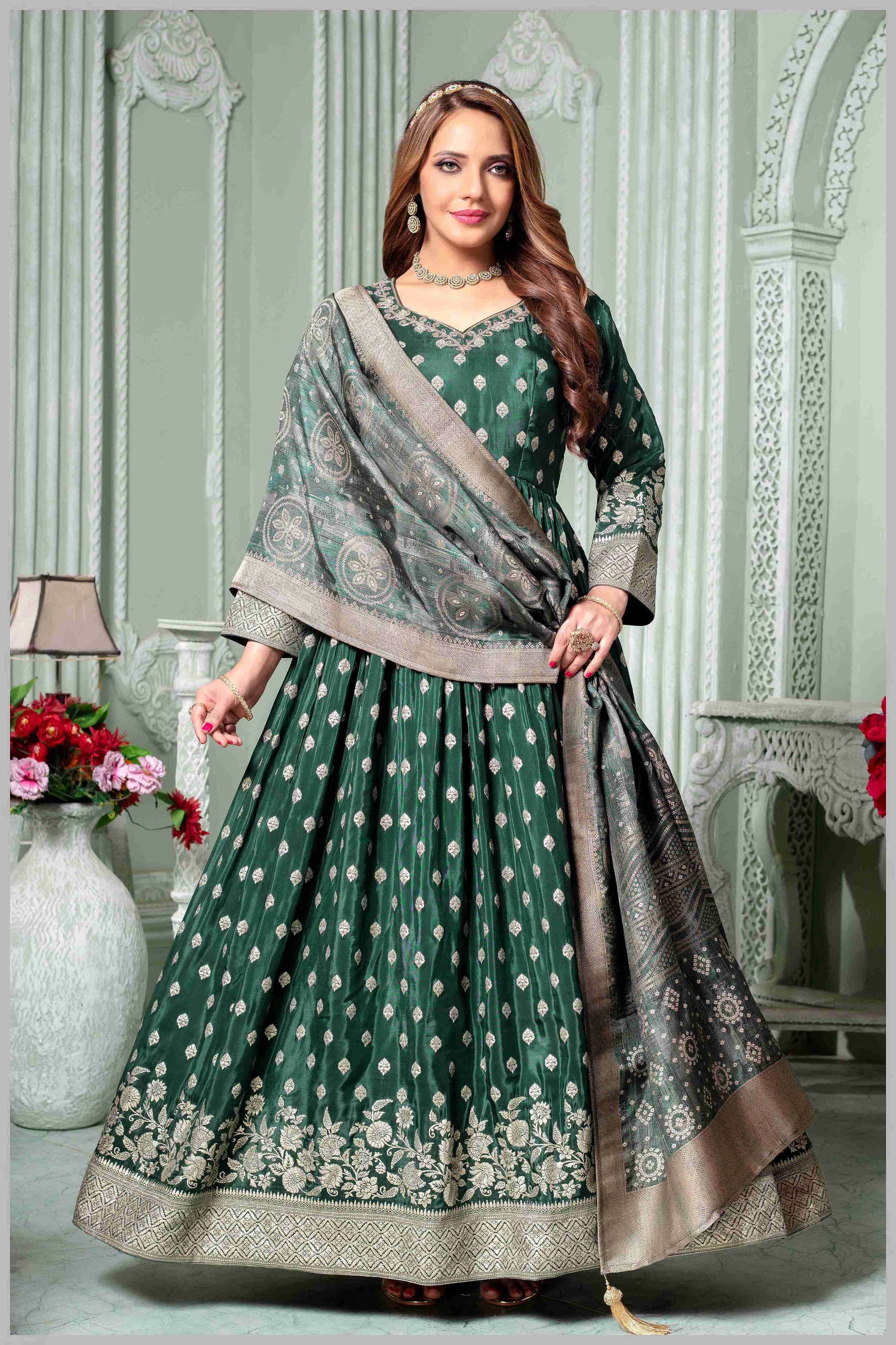 Emerald Green Anarkali with Antique Gold Brocade Dupatta