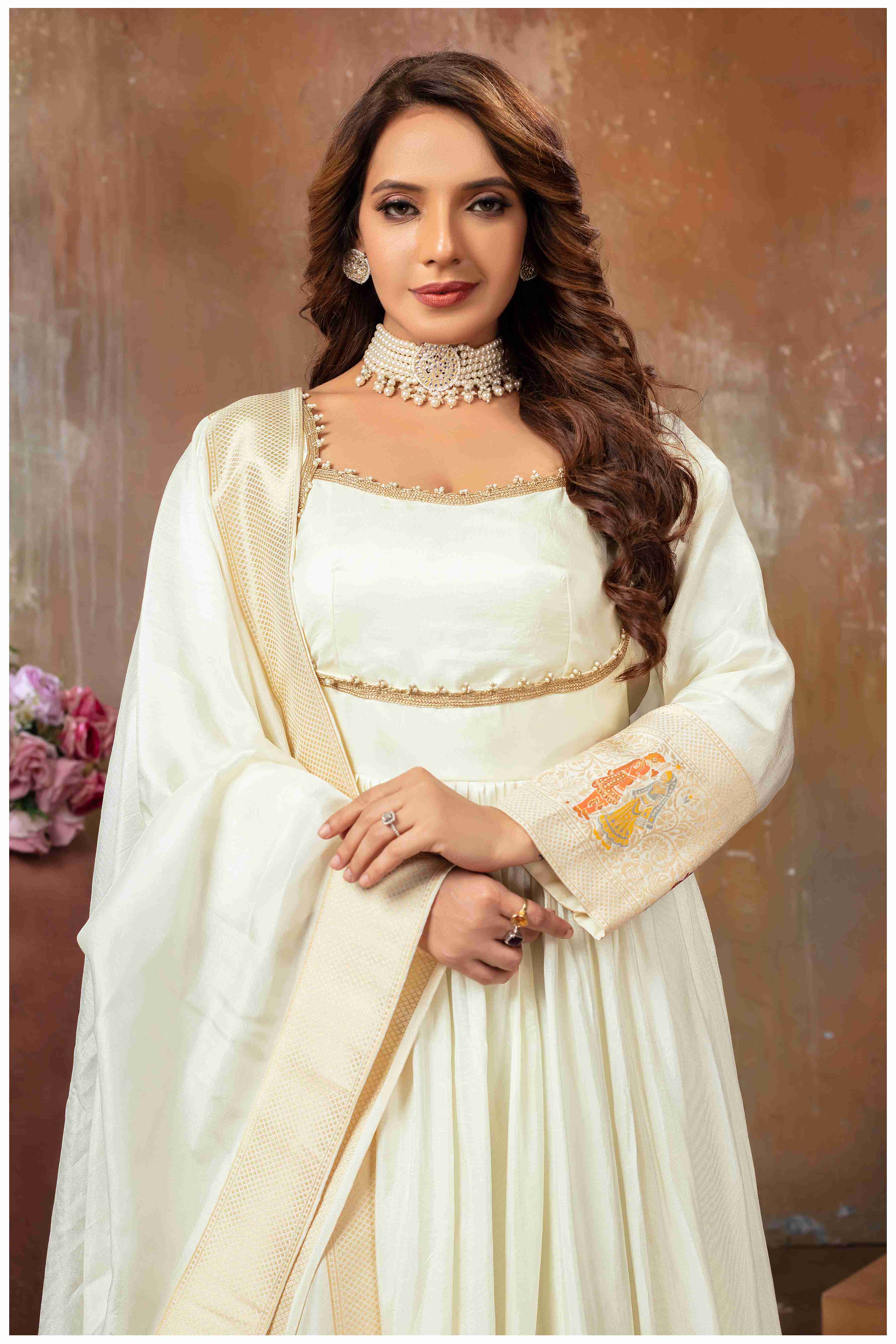 Off-white Anarkali Gown with Gujarati Motif Embroidery