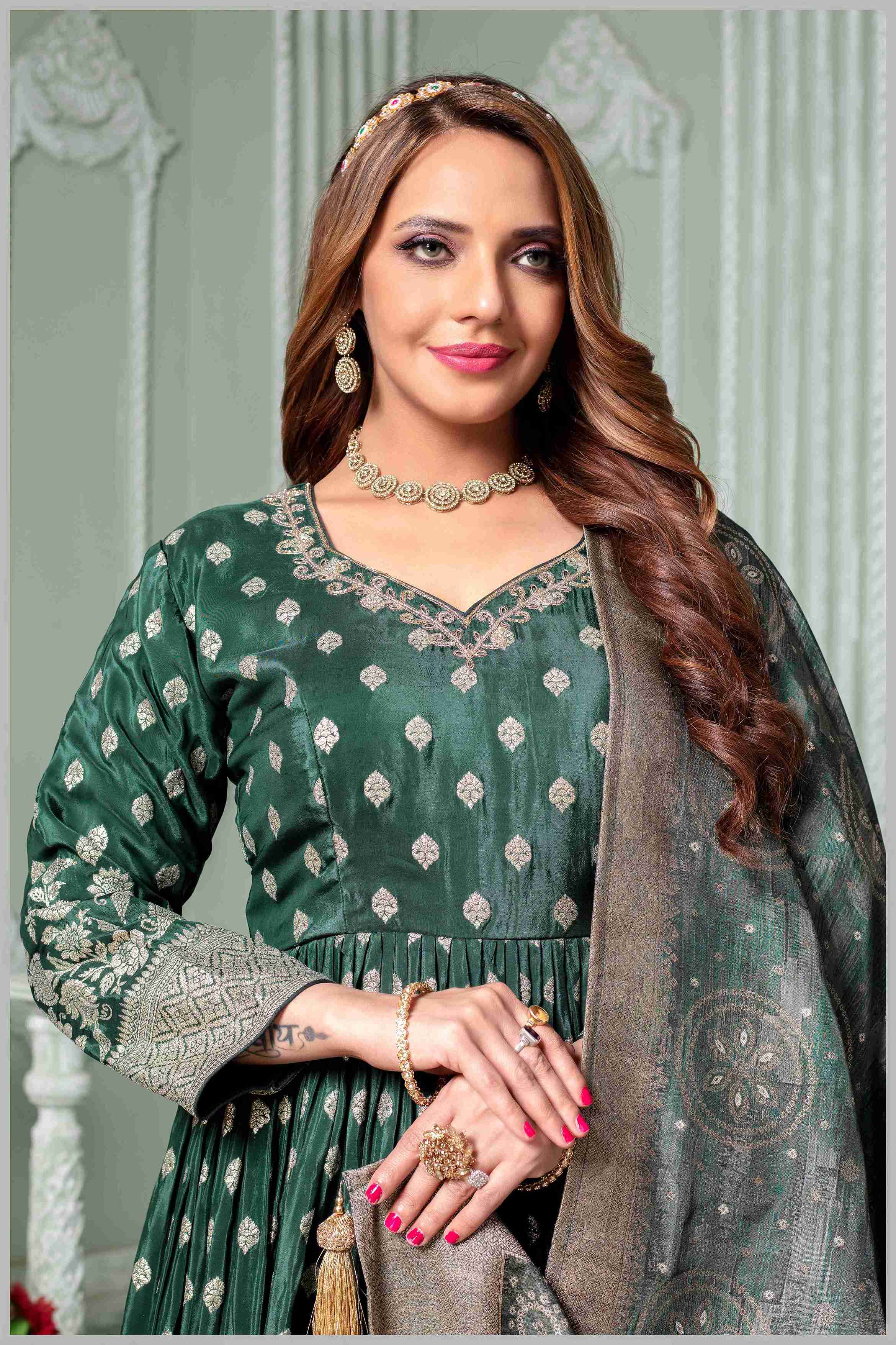 Emerald Green Anarkali with Antique Gold Brocade Dupatta