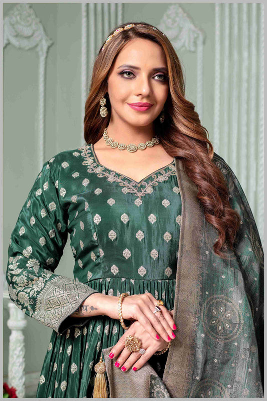 Emerald Green Anarkali with Antique Gold Brocade Dupatta