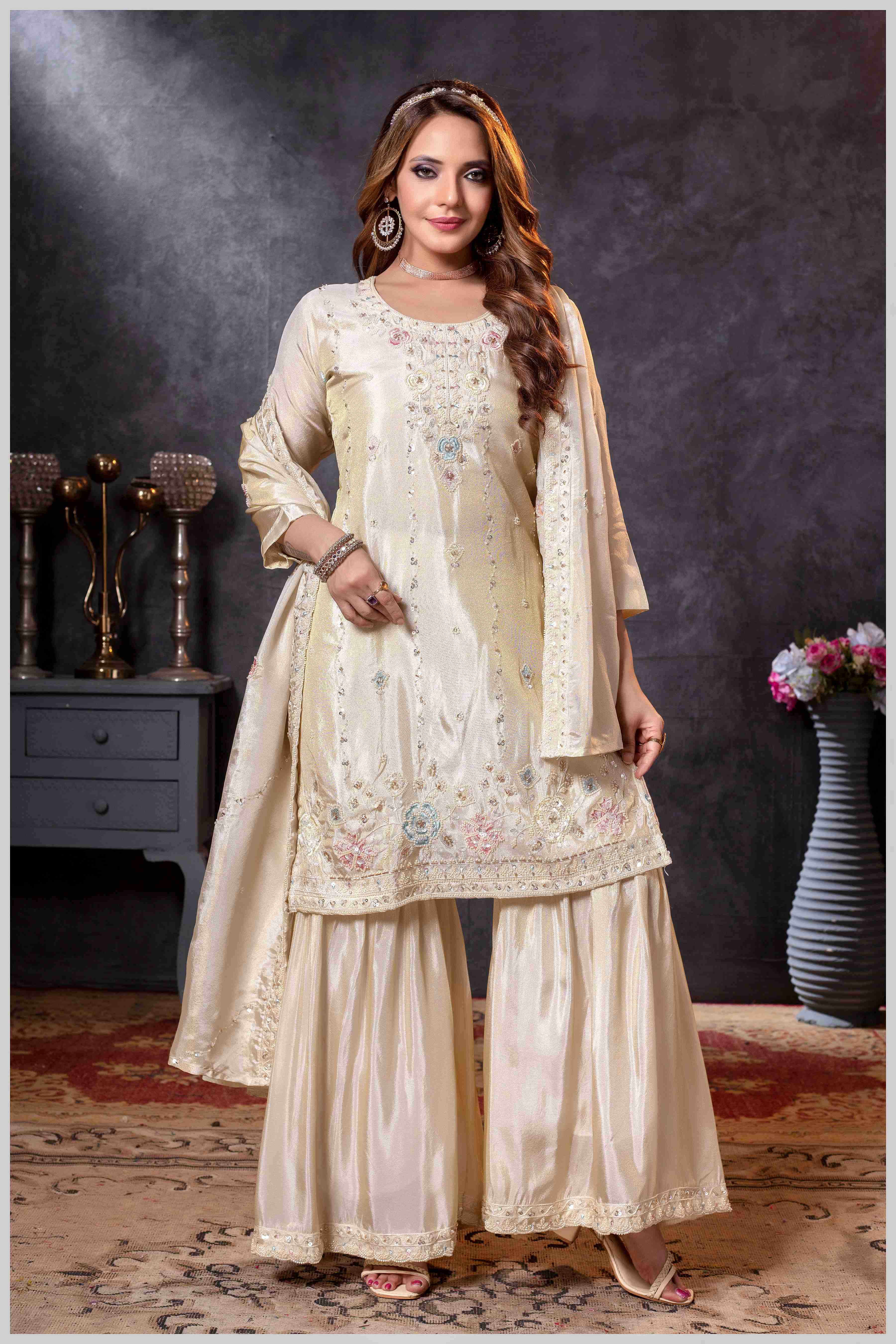 Off-White Plazo Set with Pastel Floral & Mirror Embroidery