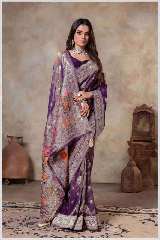 Purple Tissue Saree with Hand Embroidered Border