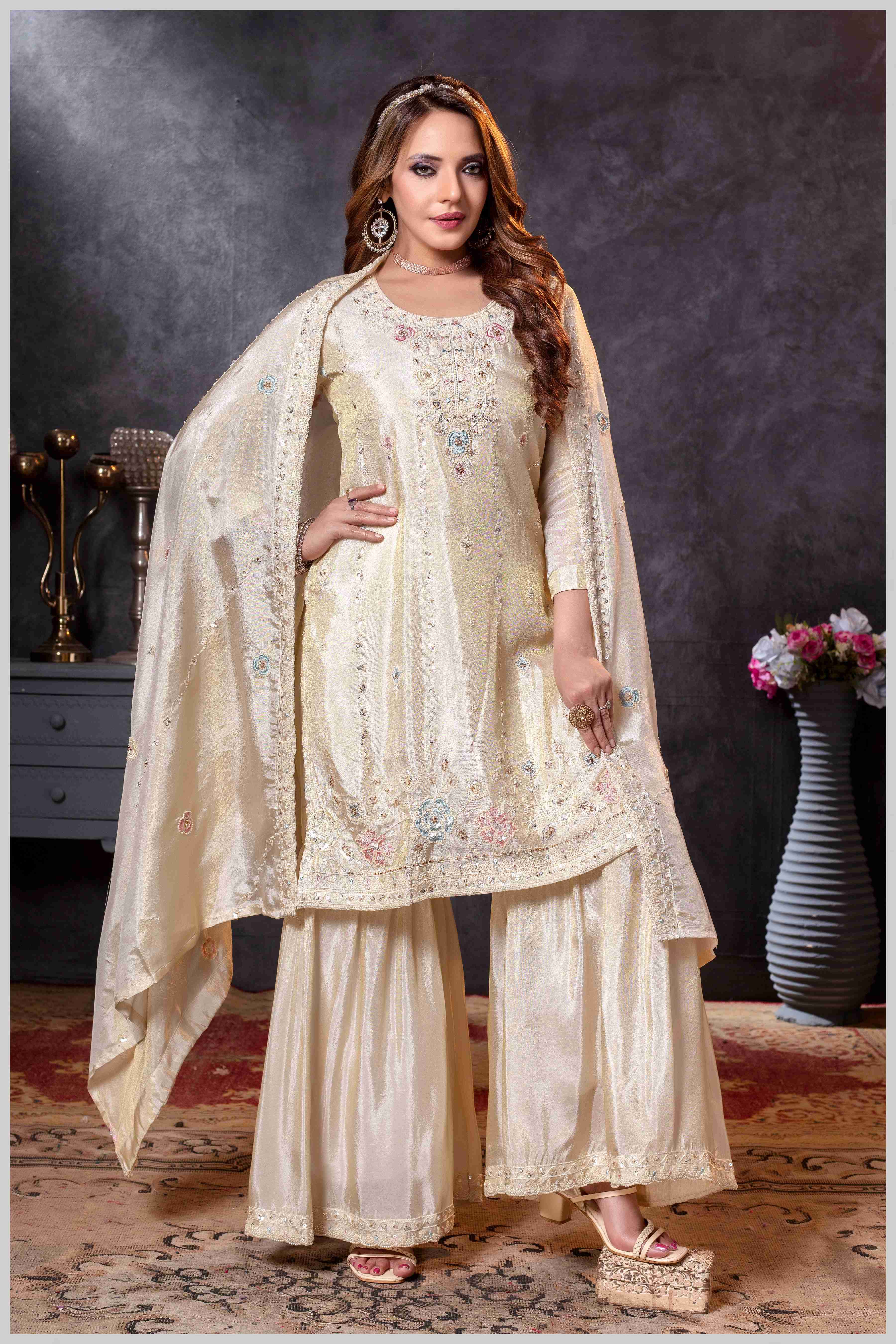 Off-White Plazo Set with Pastel Floral & Mirror Embroidery
