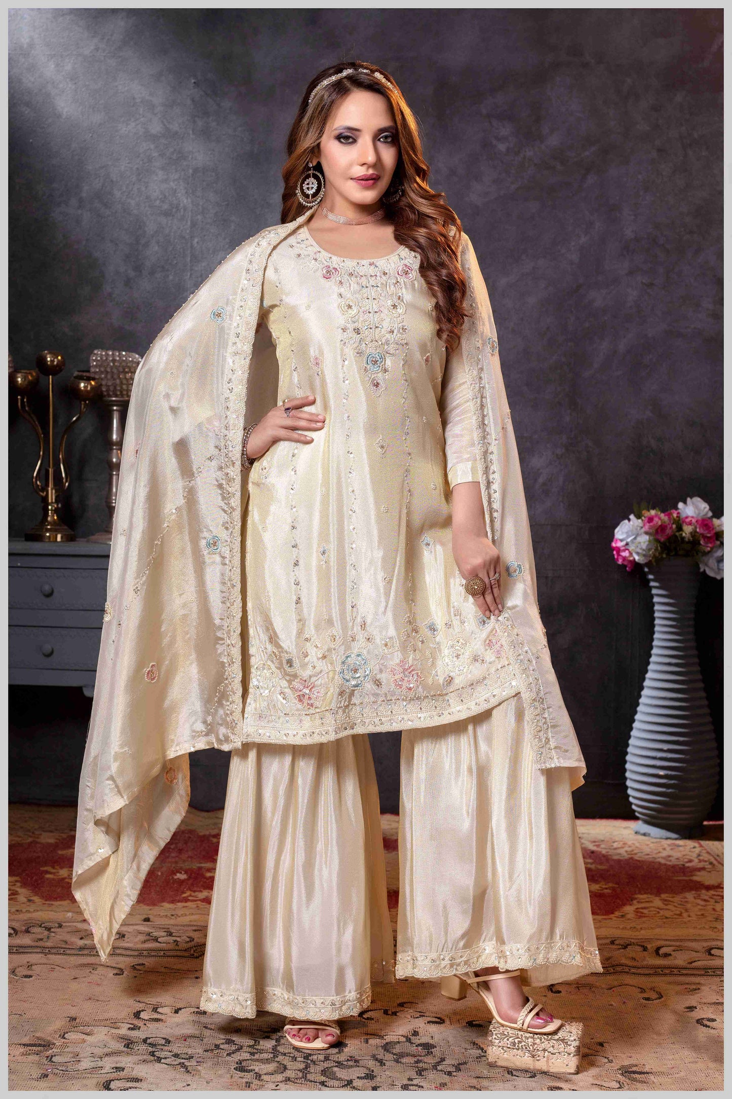 Off-White Plazo Set with Pastel Floral & Mirror Embroidery