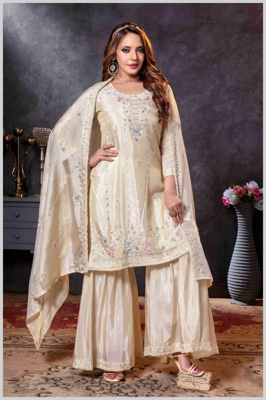 Off-White Plazo Set with Pastel Floral & Mirror Embroidery