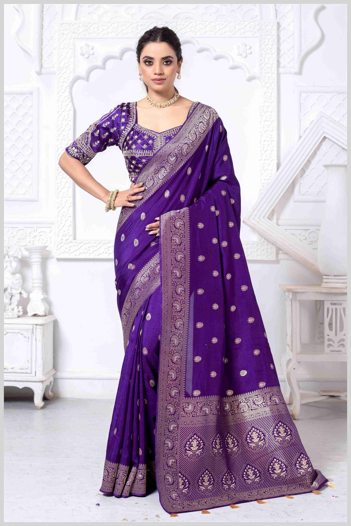 Charming Purple Banarasi Silk Saree with Embroidered Designer Blouse.
