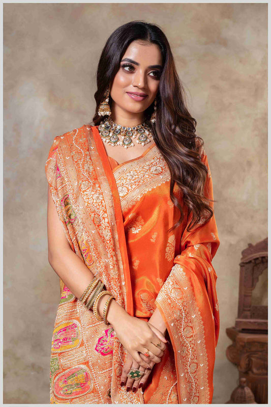 Rust Tissue Saree with Hand Embroidered Border