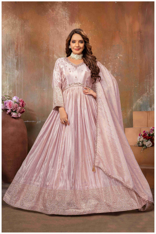 Baby Pink Silk Anarkali Gown with Intricate Embroidery
