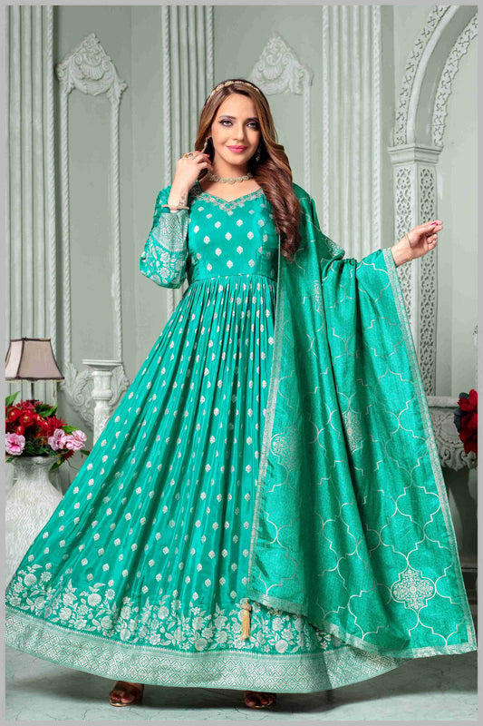 Aqua Blue Anarkali with Antique Gold Brocade Dupatta