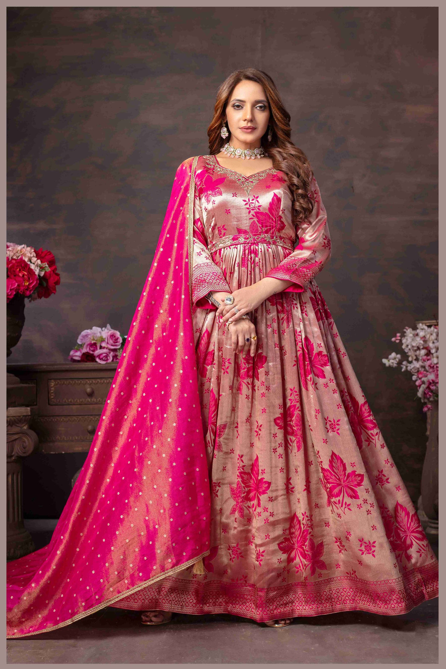 Rose Beige Anarkali with Rani Pink Dupatta