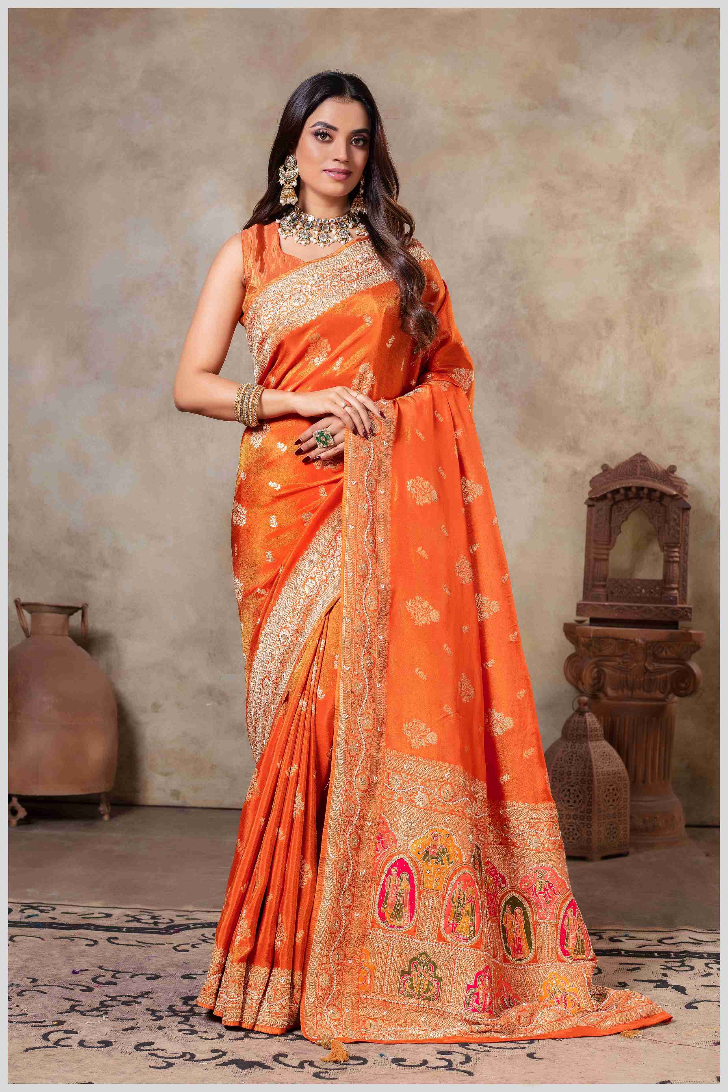Rust Tissue Saree with Hand Embroidered Border