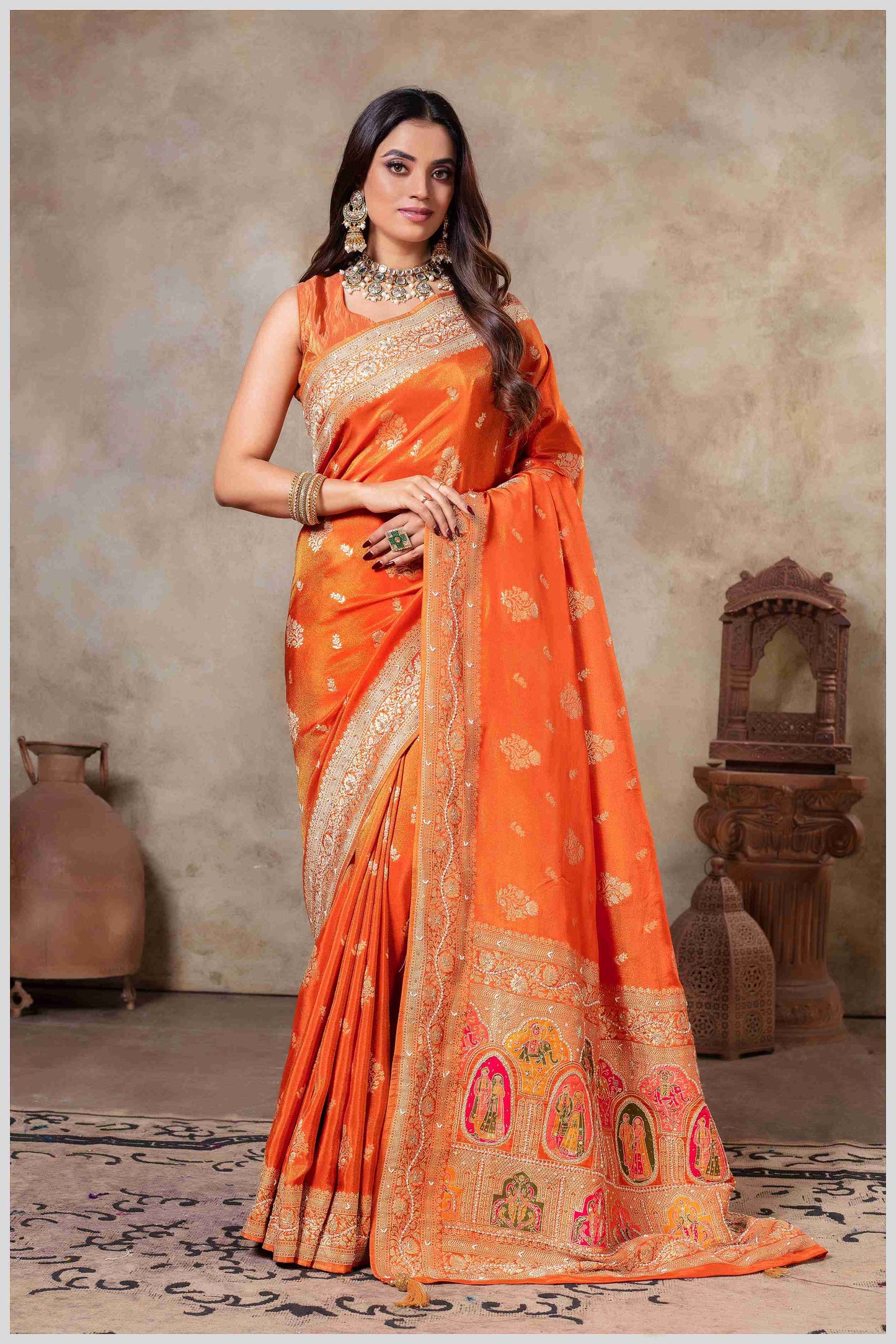 Rust Tissue Saree with Hand Embroidered Border