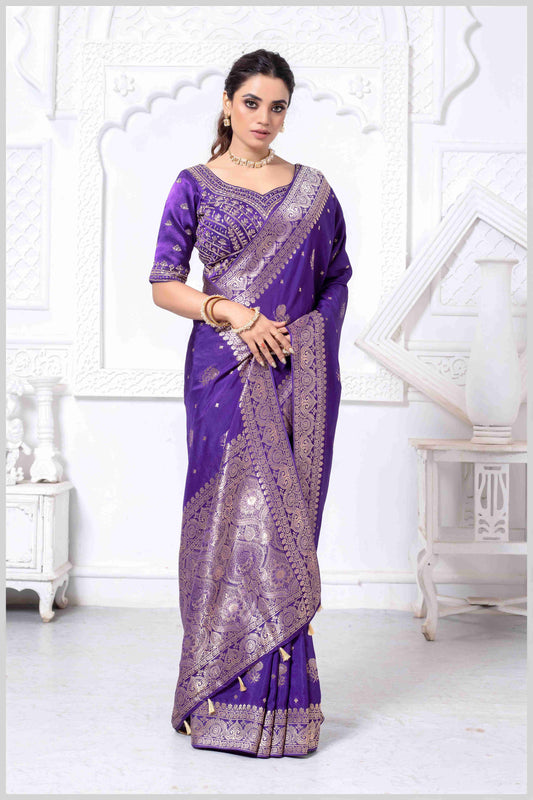 Majestic Purple Crepe Silk Saree with Rich Zari Work and Stitched Blouse