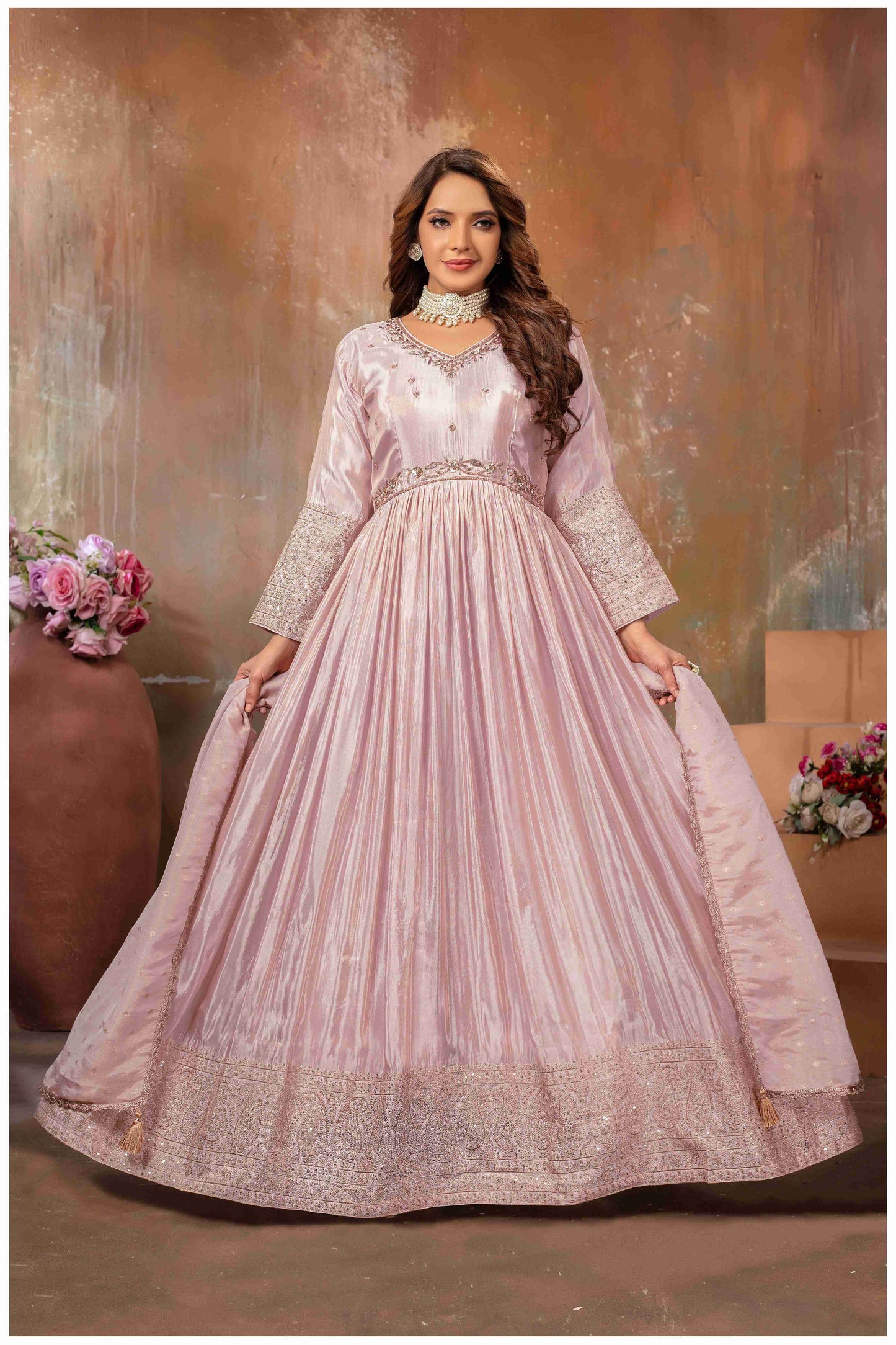 Baby Pink Silk Anarkali Gown with Intricate Embroidery