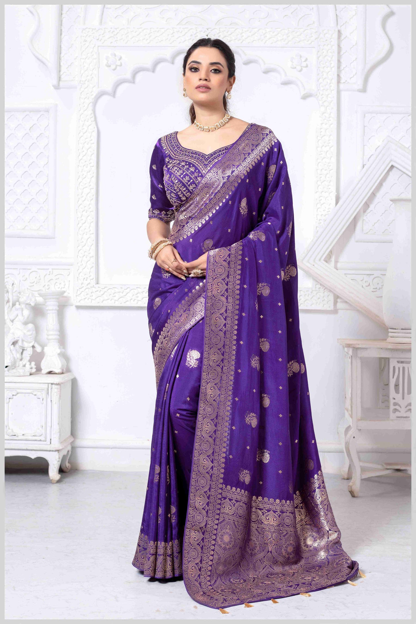 Majestic Purple Crepe Silk Saree with Rich Zari Work and Stitched Blouse