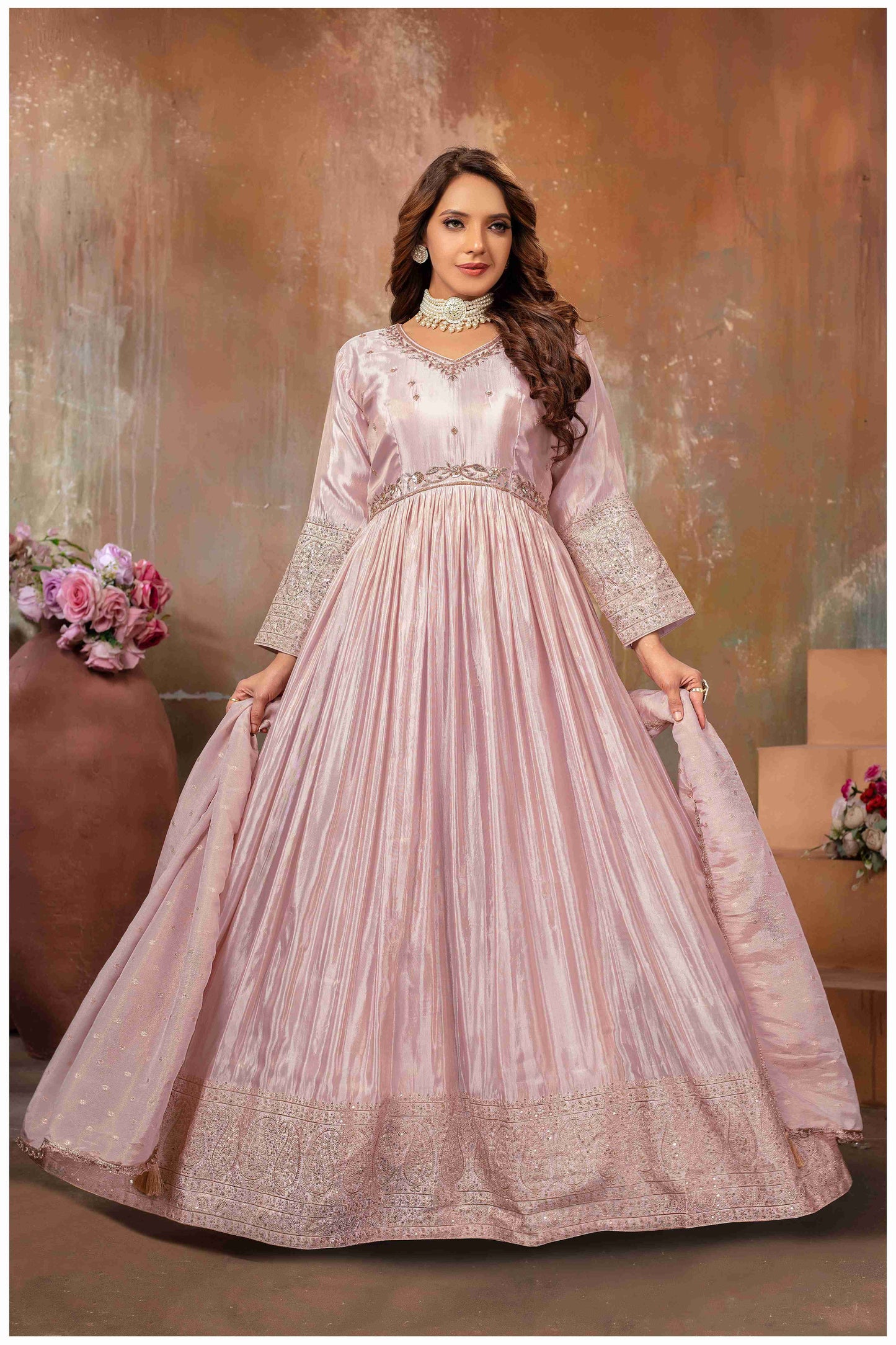 Baby Pink Silk Anarkali Gown with Intricate Embroidery