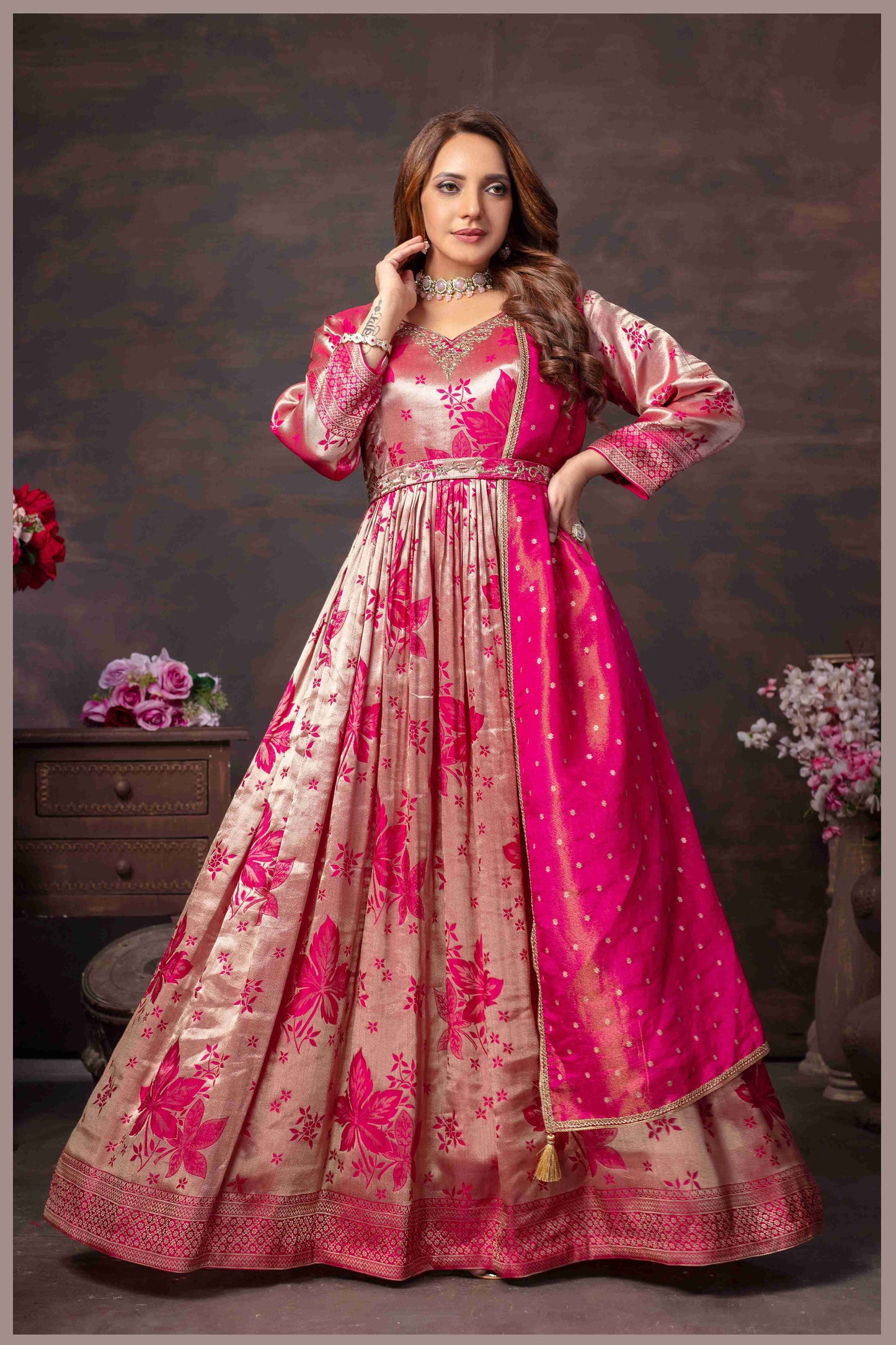 Rose Beige Anarkali with Rani Pink Dupatta