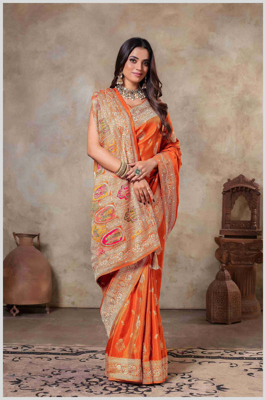 Rust Tissue Saree with Hand Embroidered Border